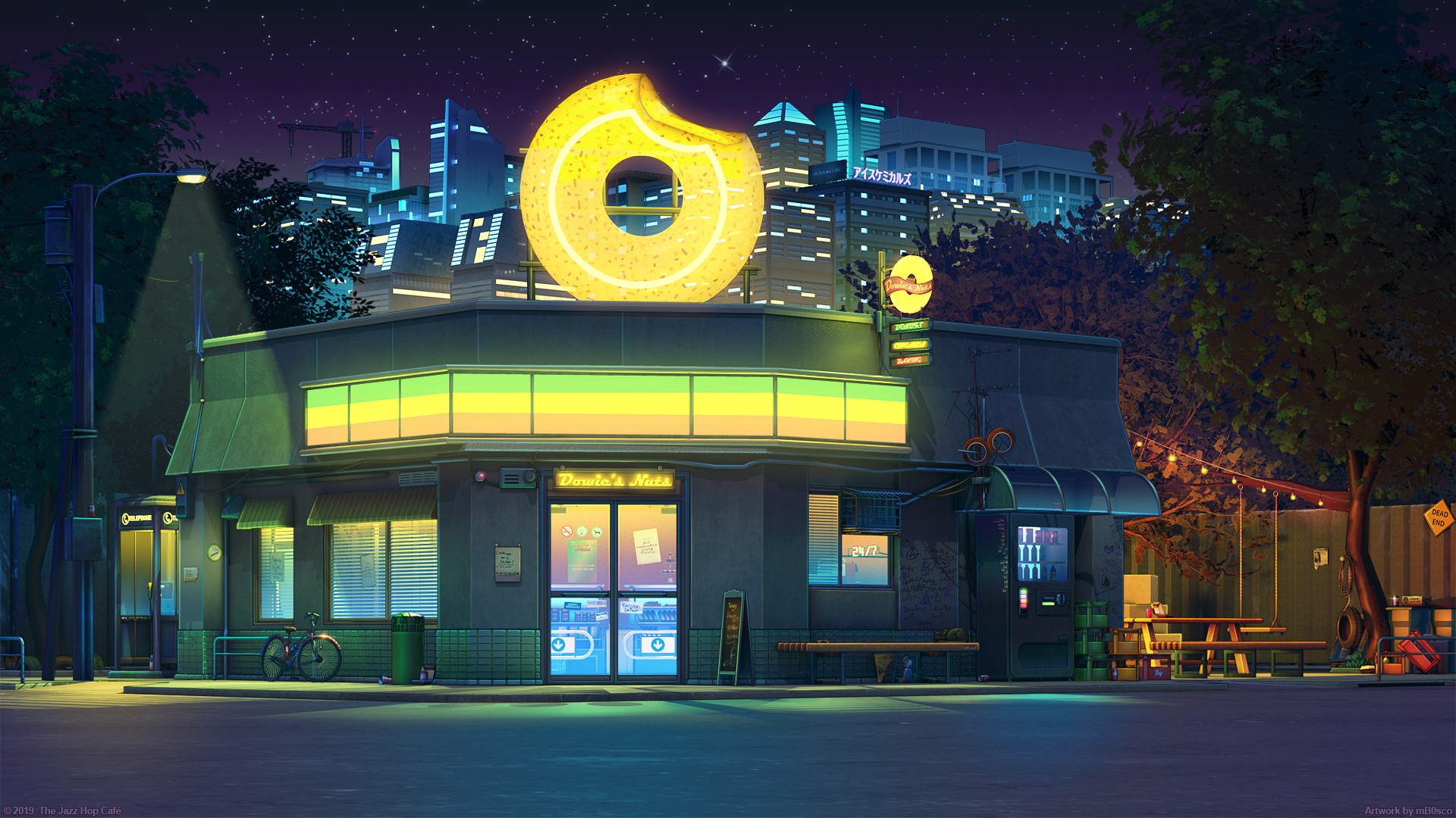 Donut Shop at Night with City Skyline HD Wallpaper