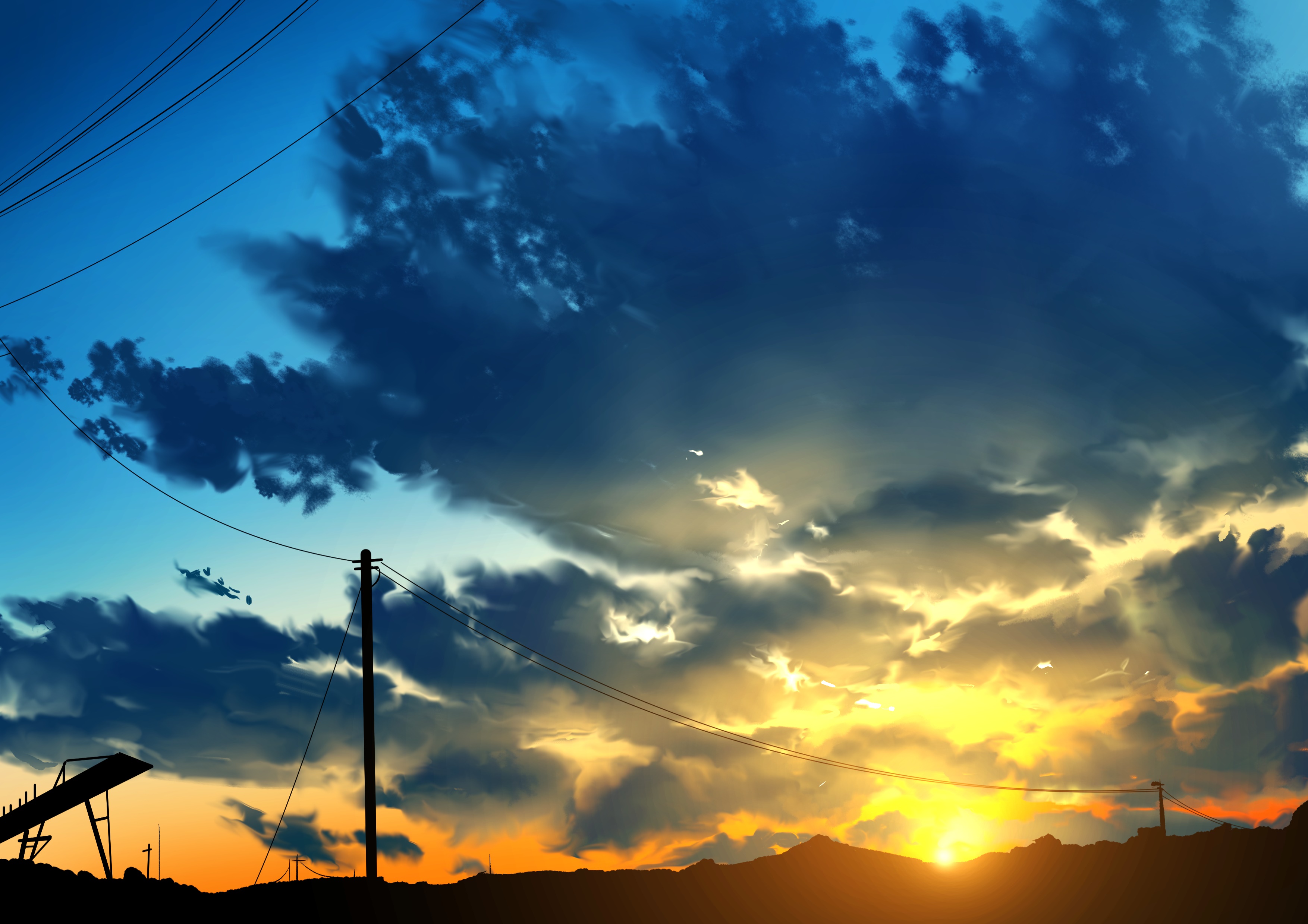 Sunset with Clouds and Power Lines HD Wallpaper