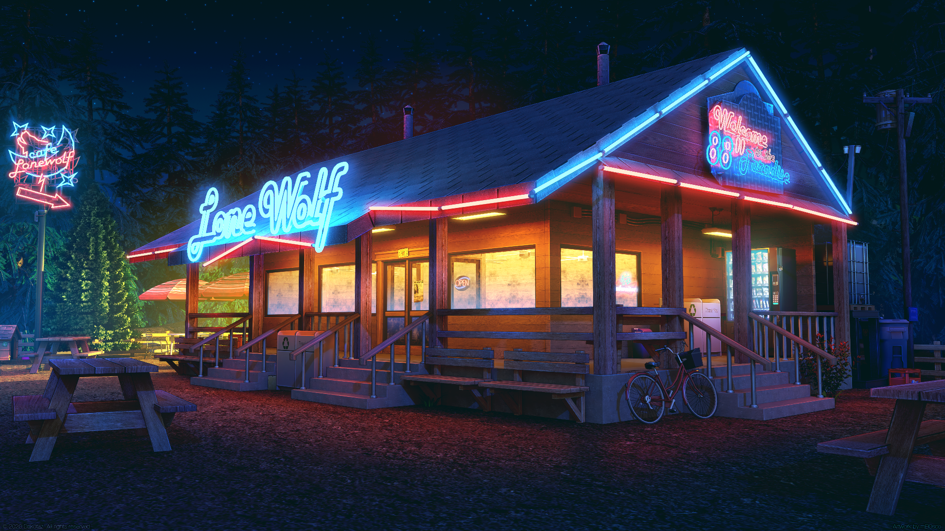 Lone Wolf Cafe at Night HD Wallpaper