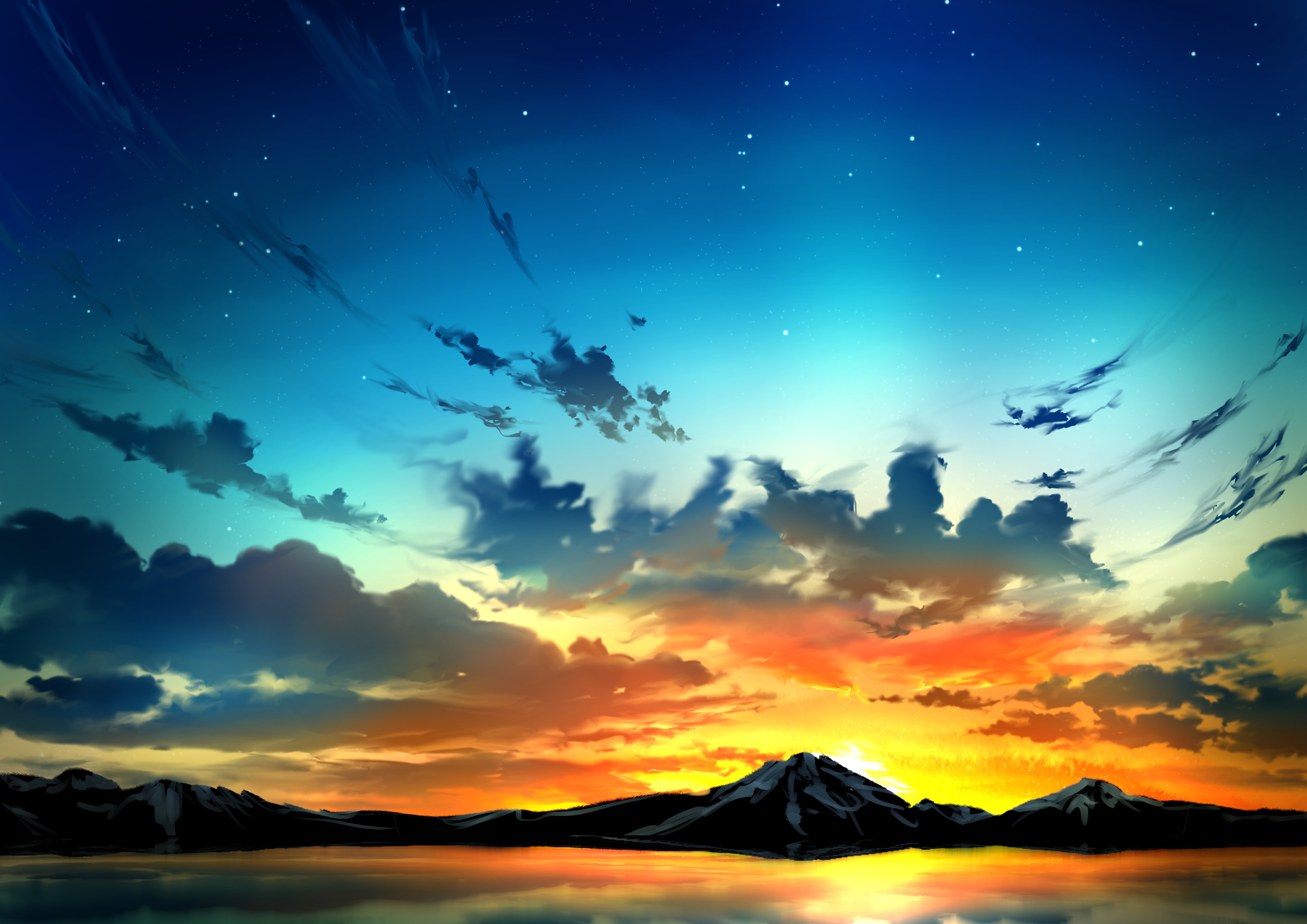 Anime Sky with Mountains and Reflection HD Wallpaper