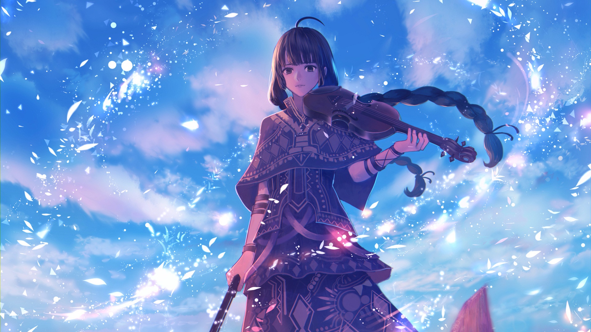 Girl playing violin in the sky HD Wallpaper
