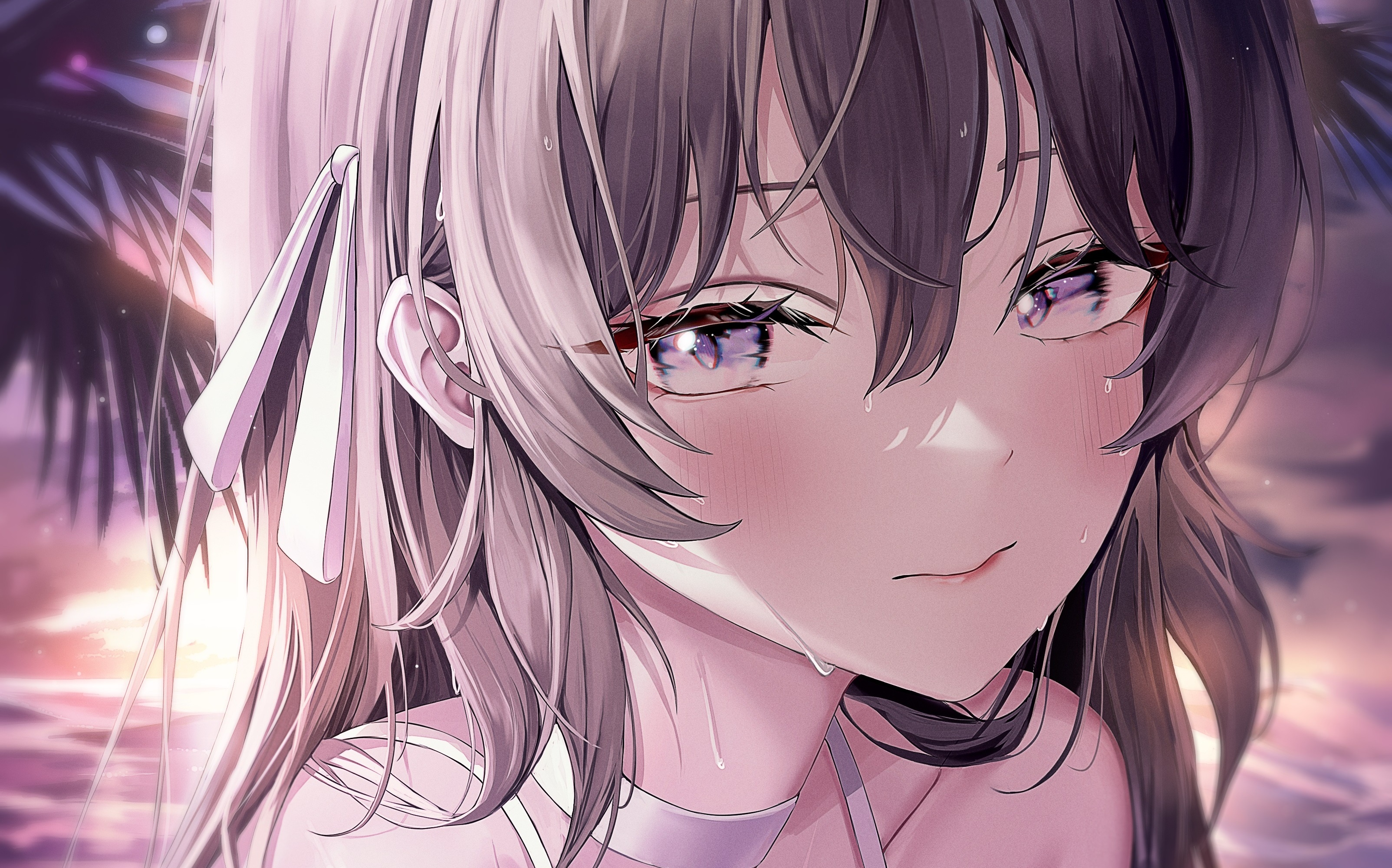 Anime girl with purple eyes and pink blush HD Wallpaper