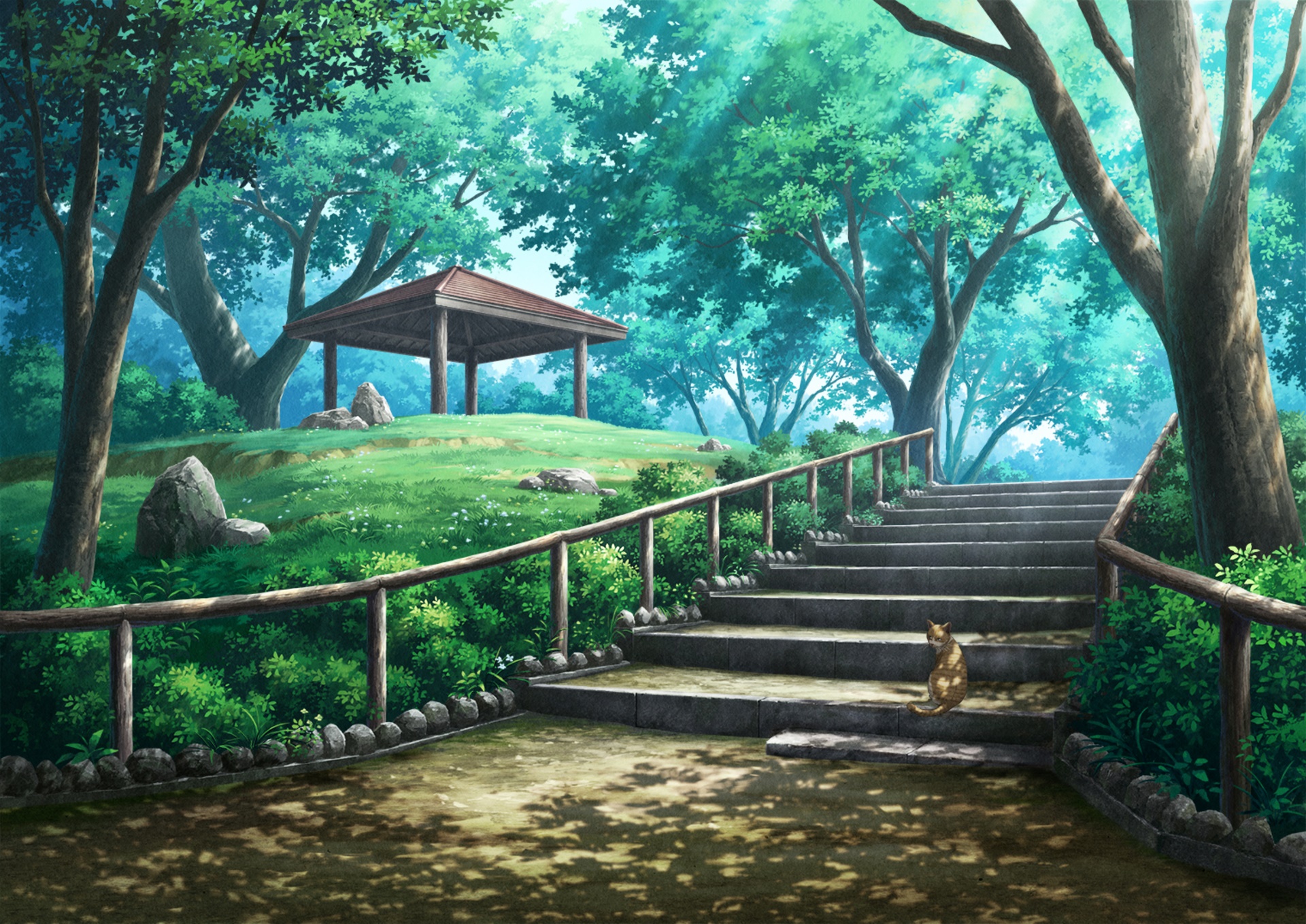 Park with stairs and a gazebo HD Wallpaper