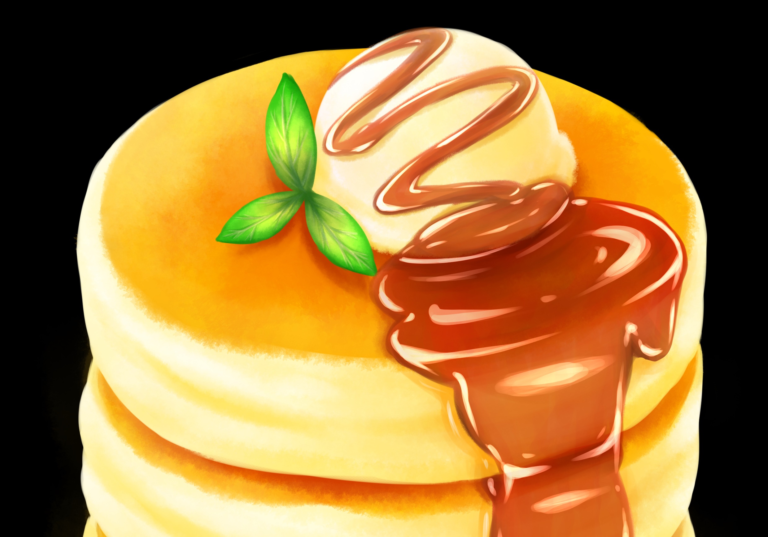Stack of pancakes with ice cream and syrup HD Wallpaper