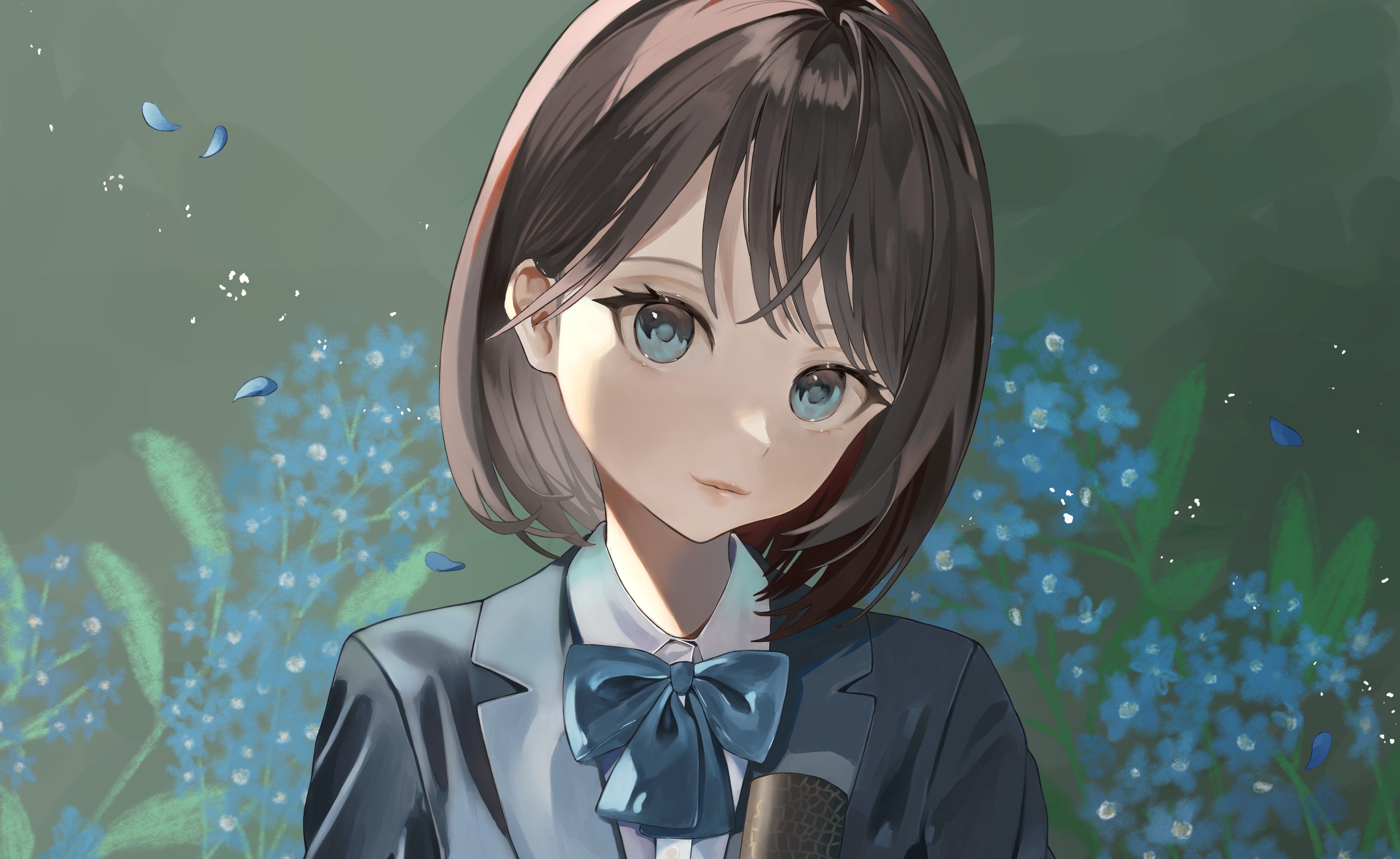 Anime girl with blue flowers HD Wallpaper