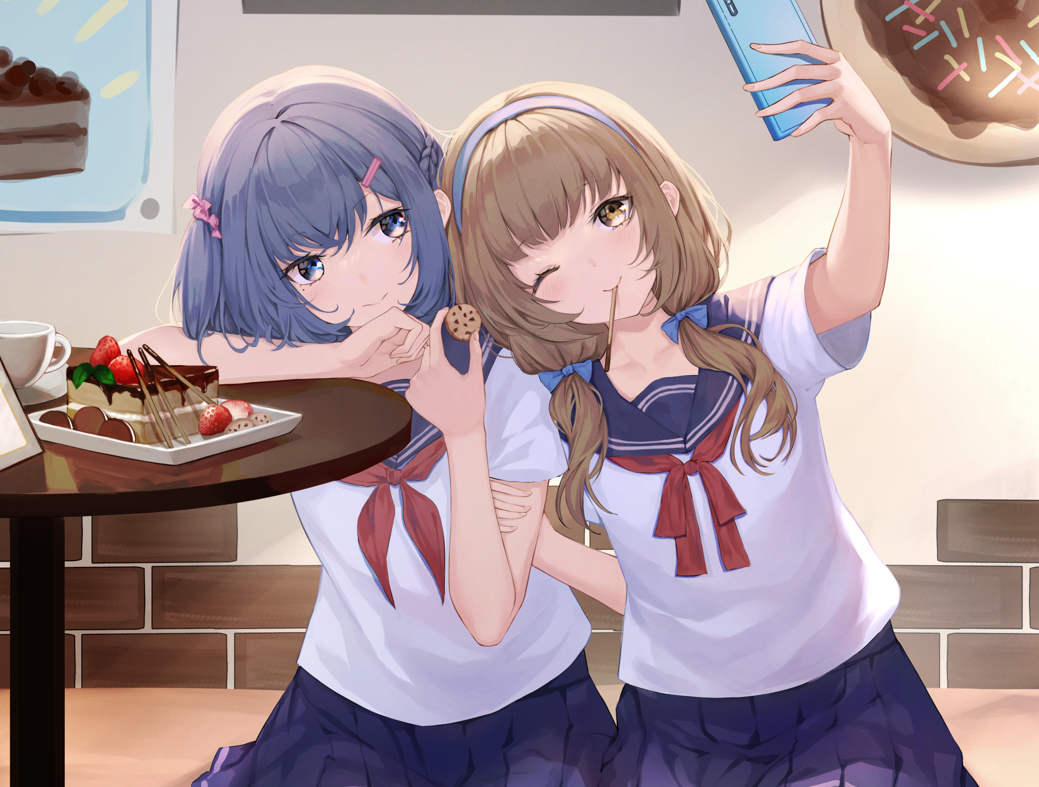 Two anime girls taking a selfie with desserts HD Wallpaper