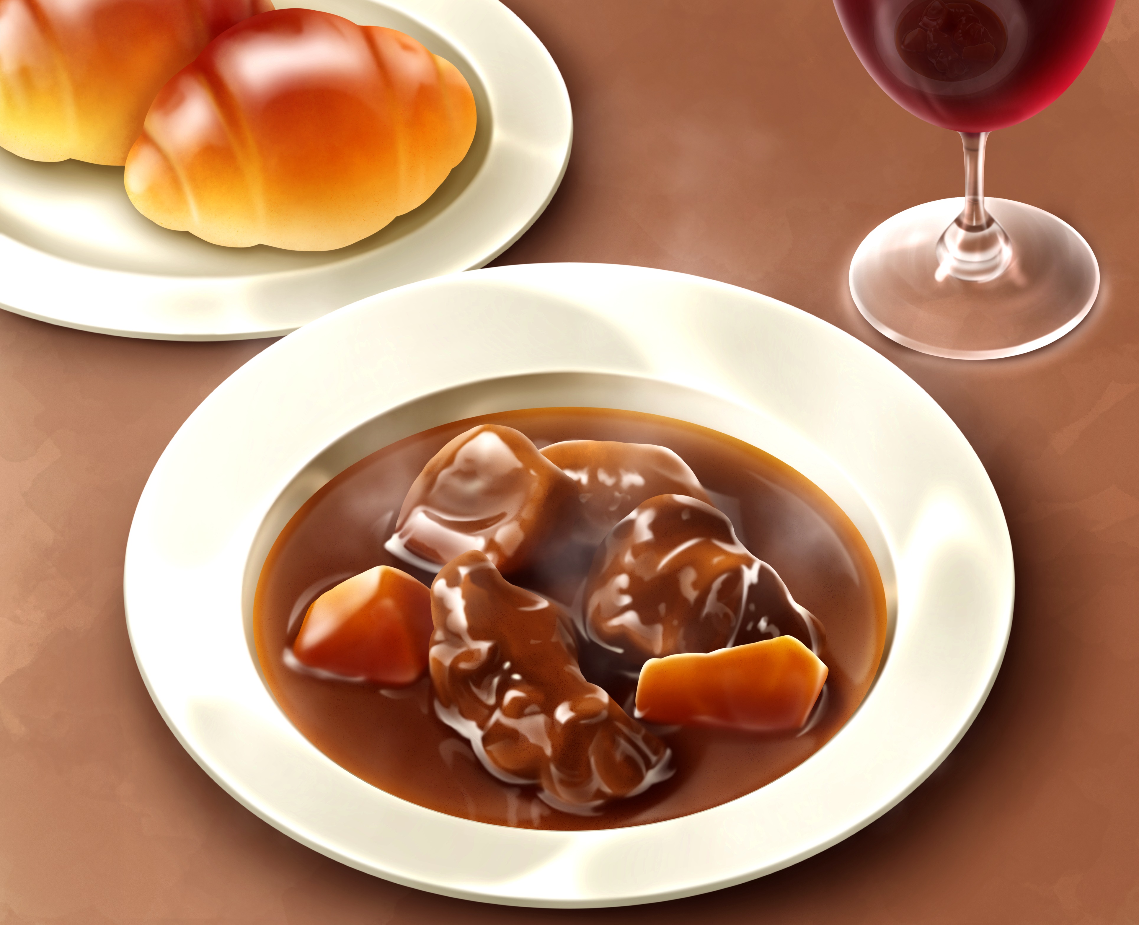 Beef Stew with Bread and Red Wine 4K HD Wallpaper