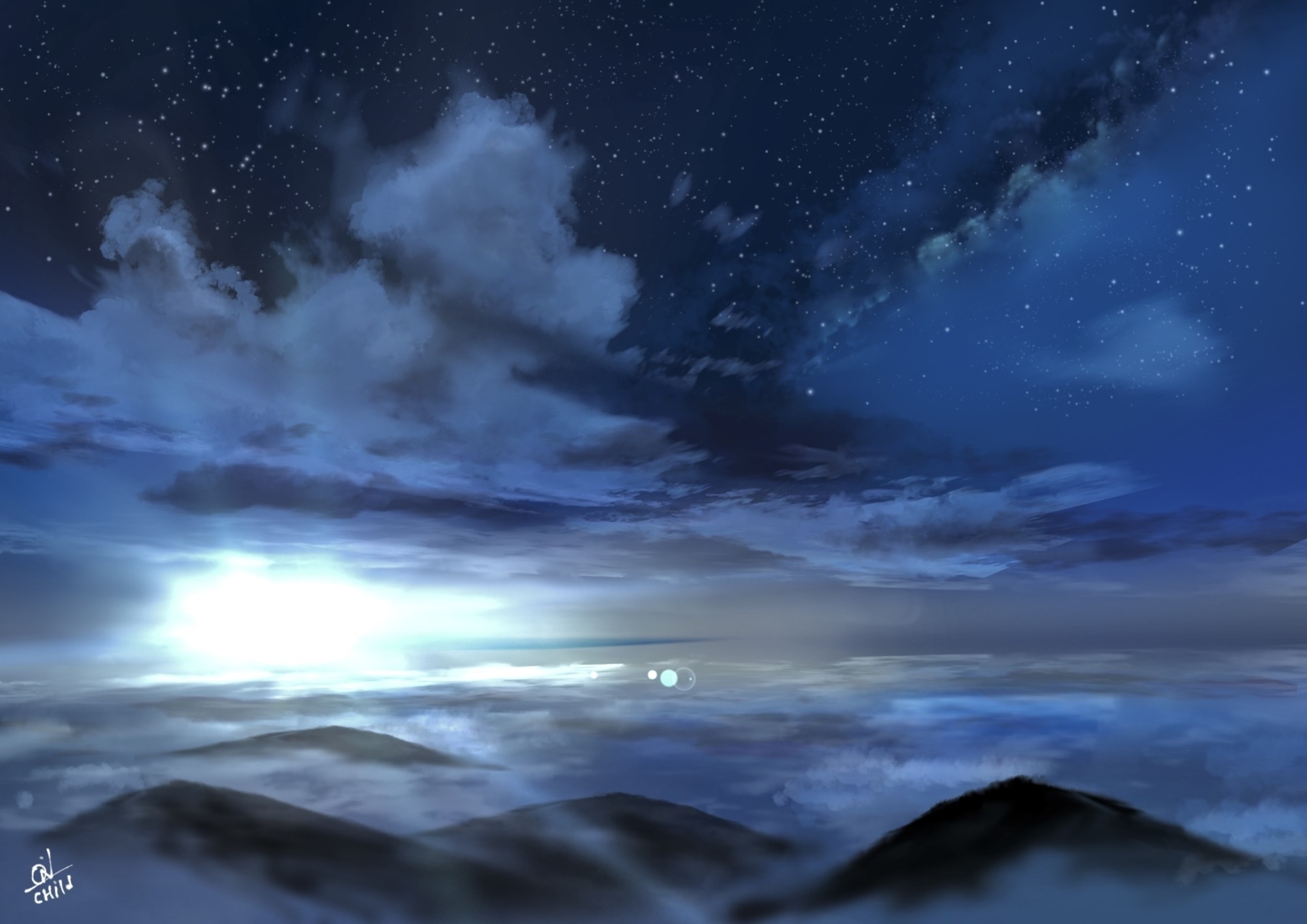 Night sky with stars and clouds over mountains HD Wallpaper