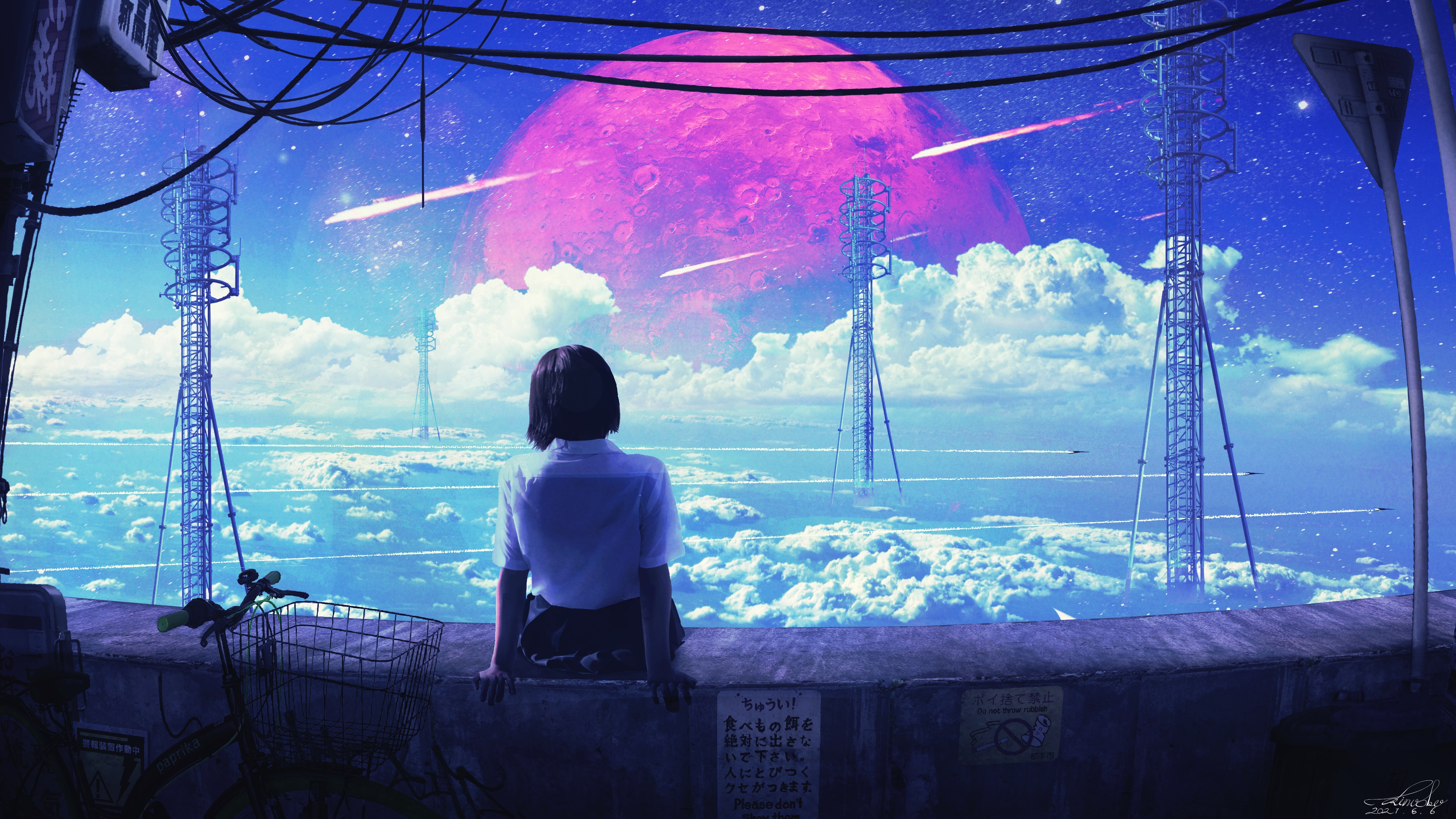 Girl looking at a pink moon and meteors 4K HD Wallpaper