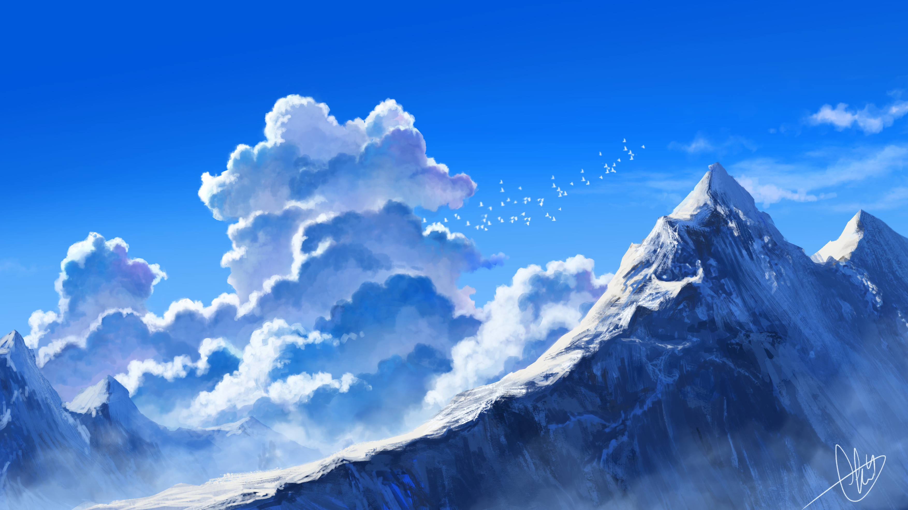 Snow-capped mountains under a blue sky with clouds HD Wallpaper