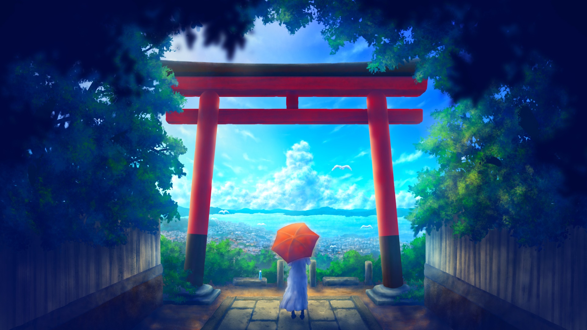 Girl with Orange Umbrella at Torii Gate HD Wallpaper