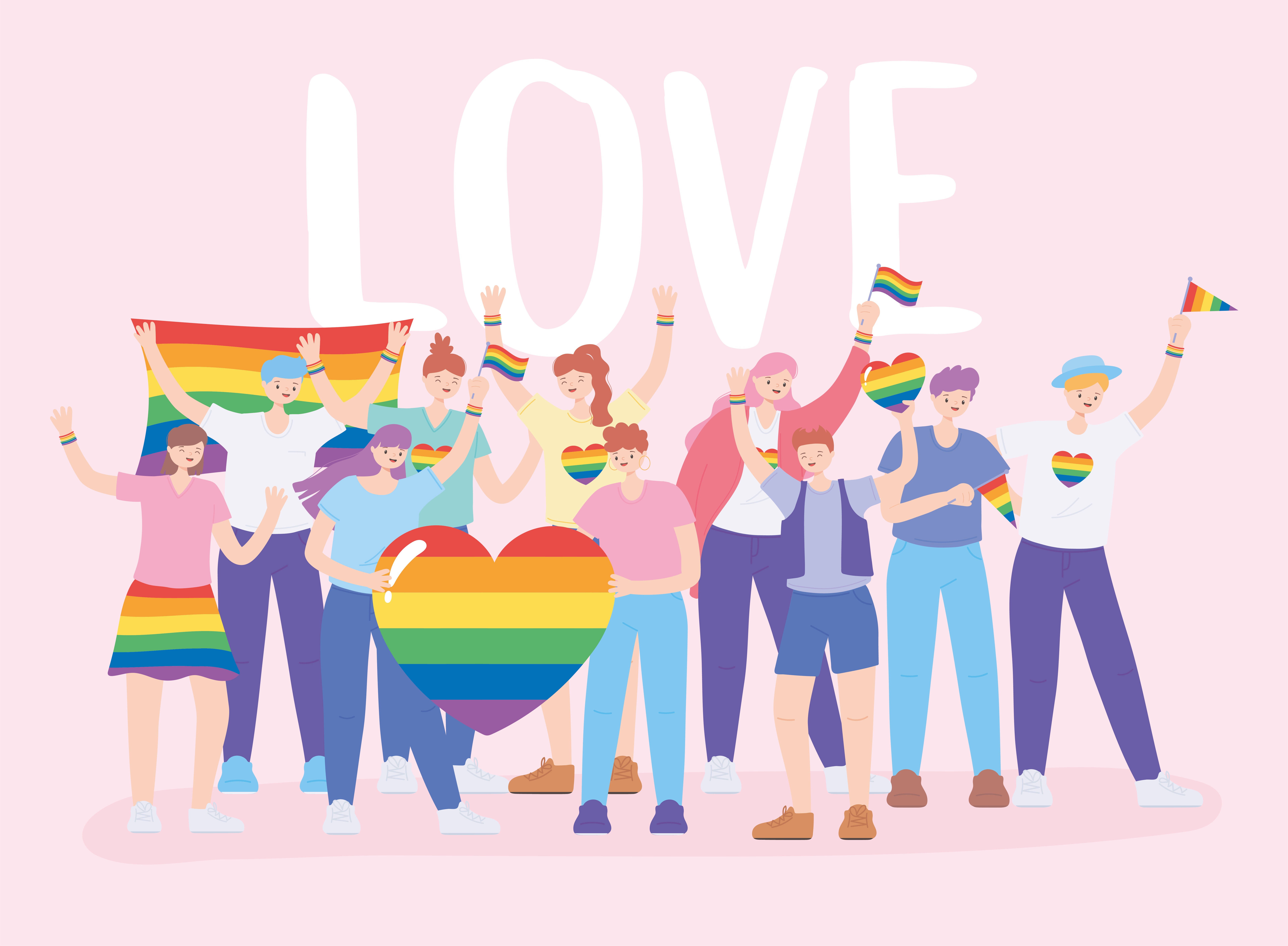 Artistic LGBT group holding rainbow flags and hearts HD Wallpaper