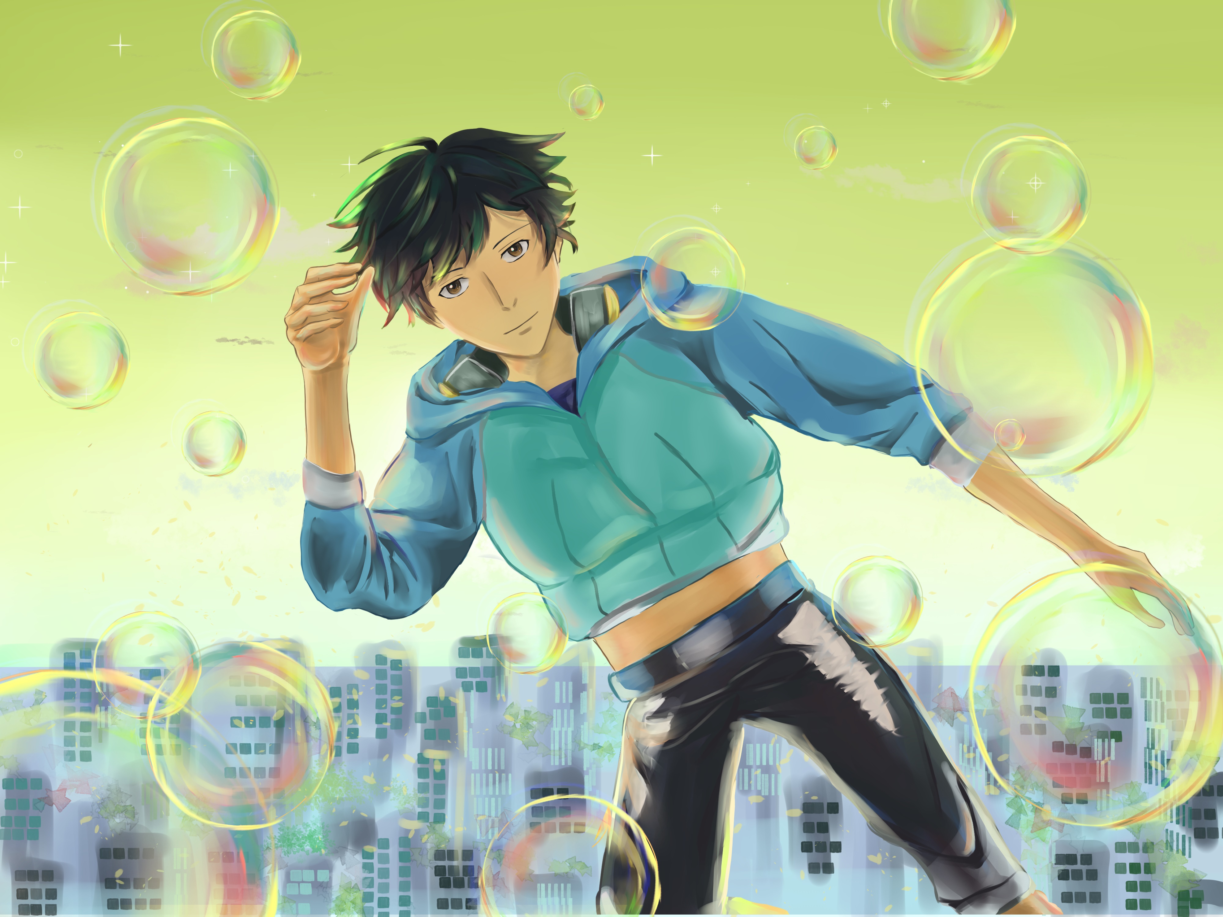 Hibiki from Bubble with bubbles over city HD Wallpaper