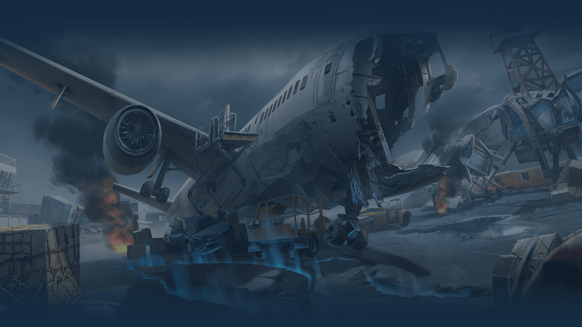 Airplane crash site with debris and smoke HD Wallpaper