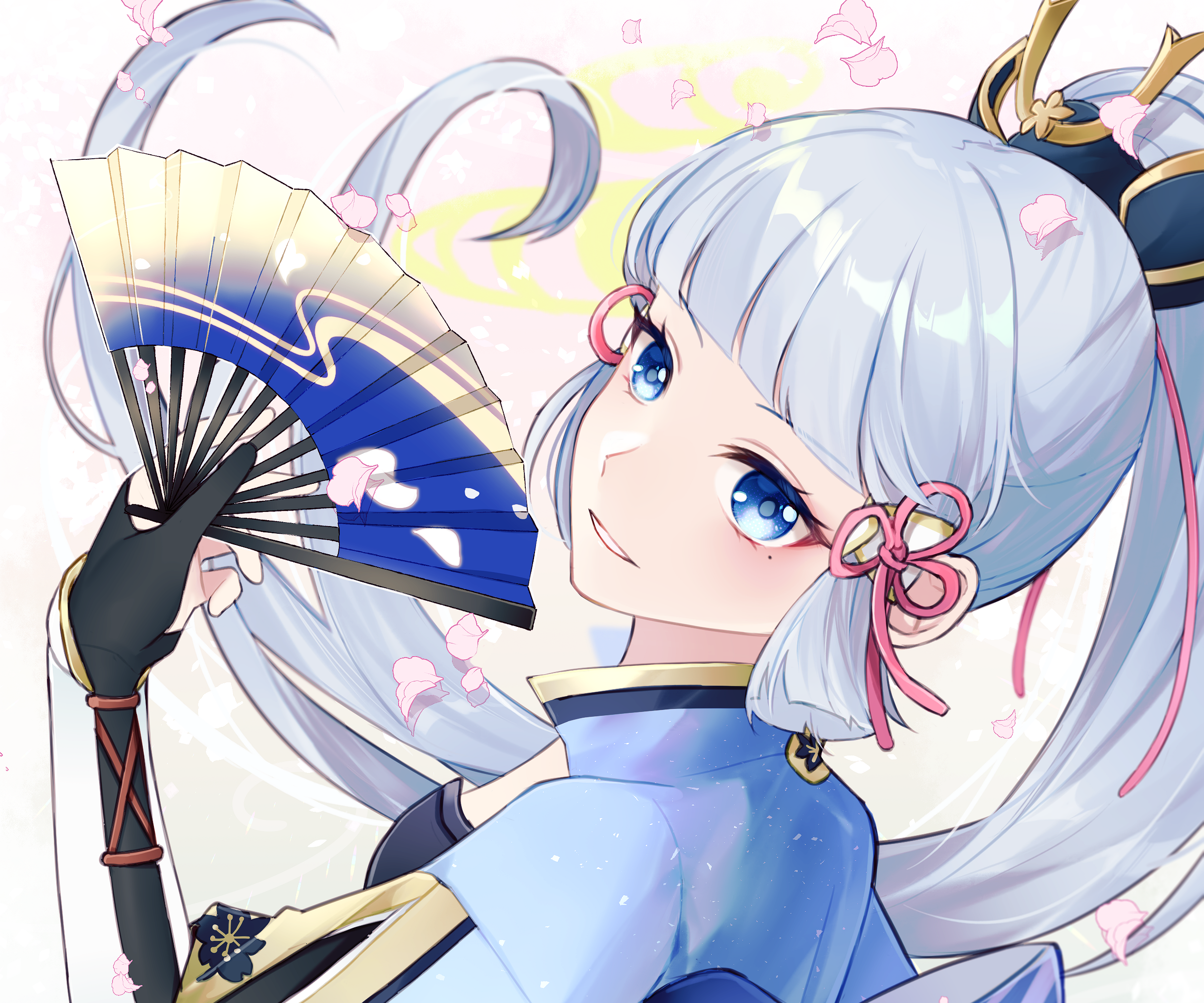 Kamisato Ayaka from Genshin Impact holding a fan HD Wallpaper