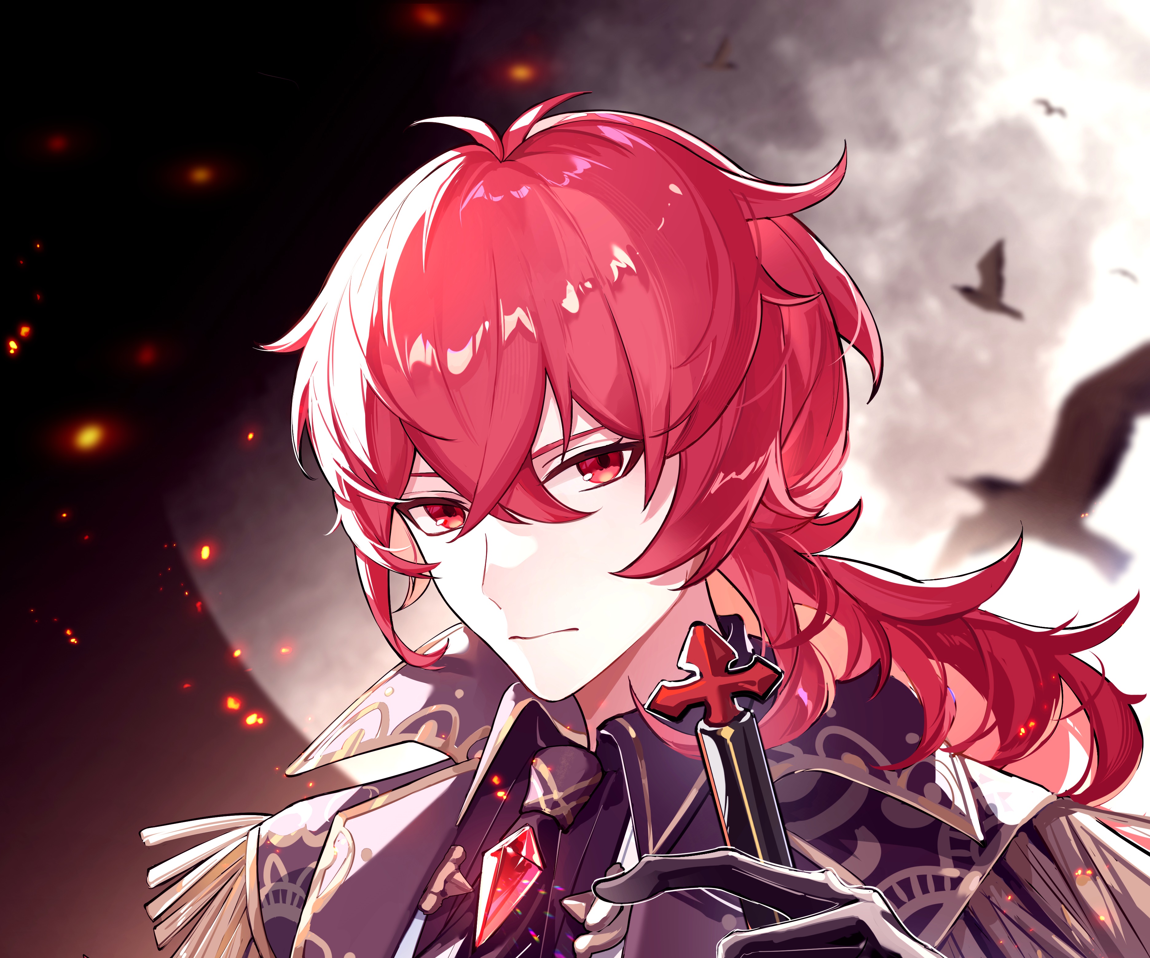 Diluc from Genshin Impact holding a sword HD Wallpaper