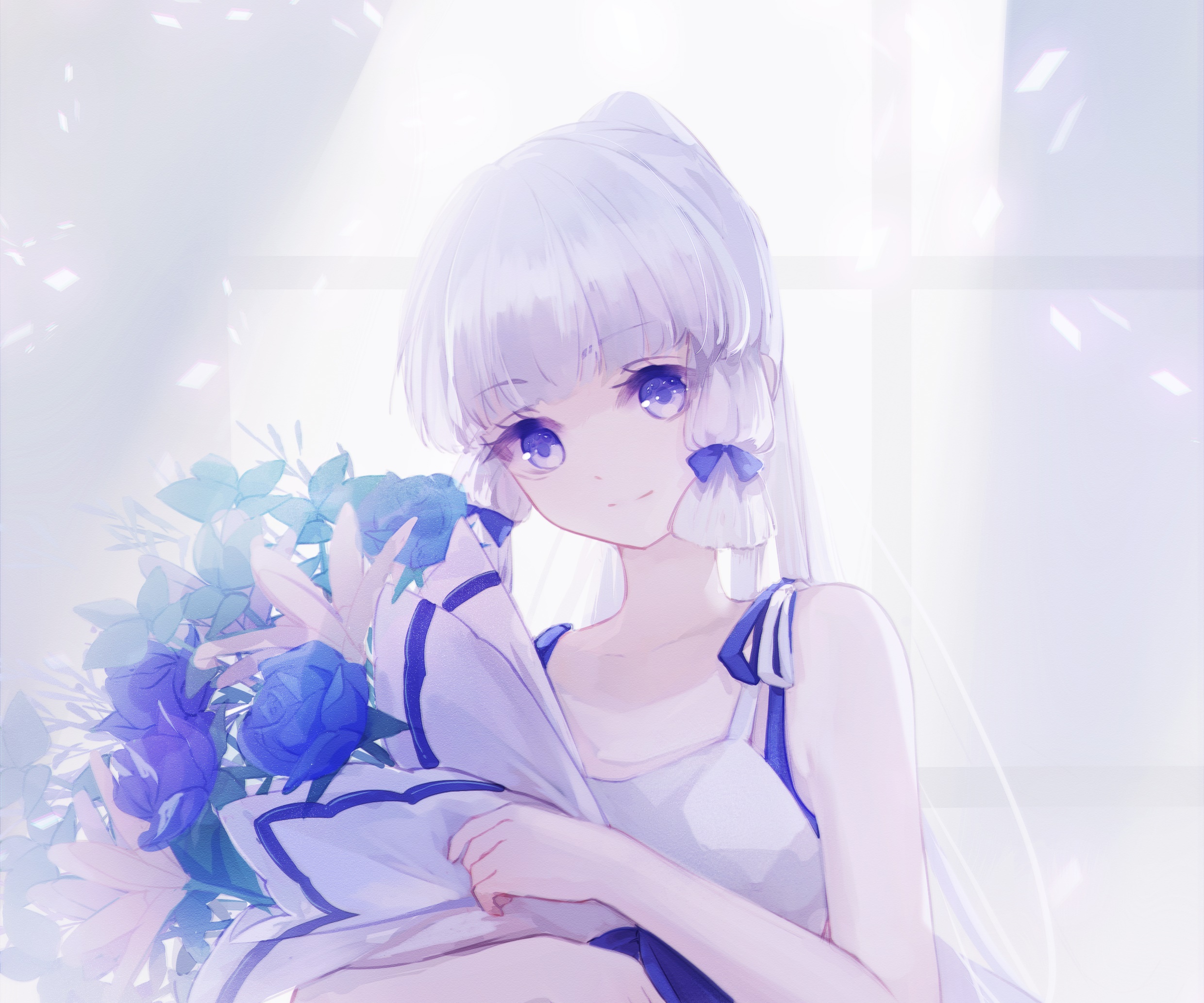 Kamisato Ayaka from Genshin Impact with blue roses HD Wallpaper