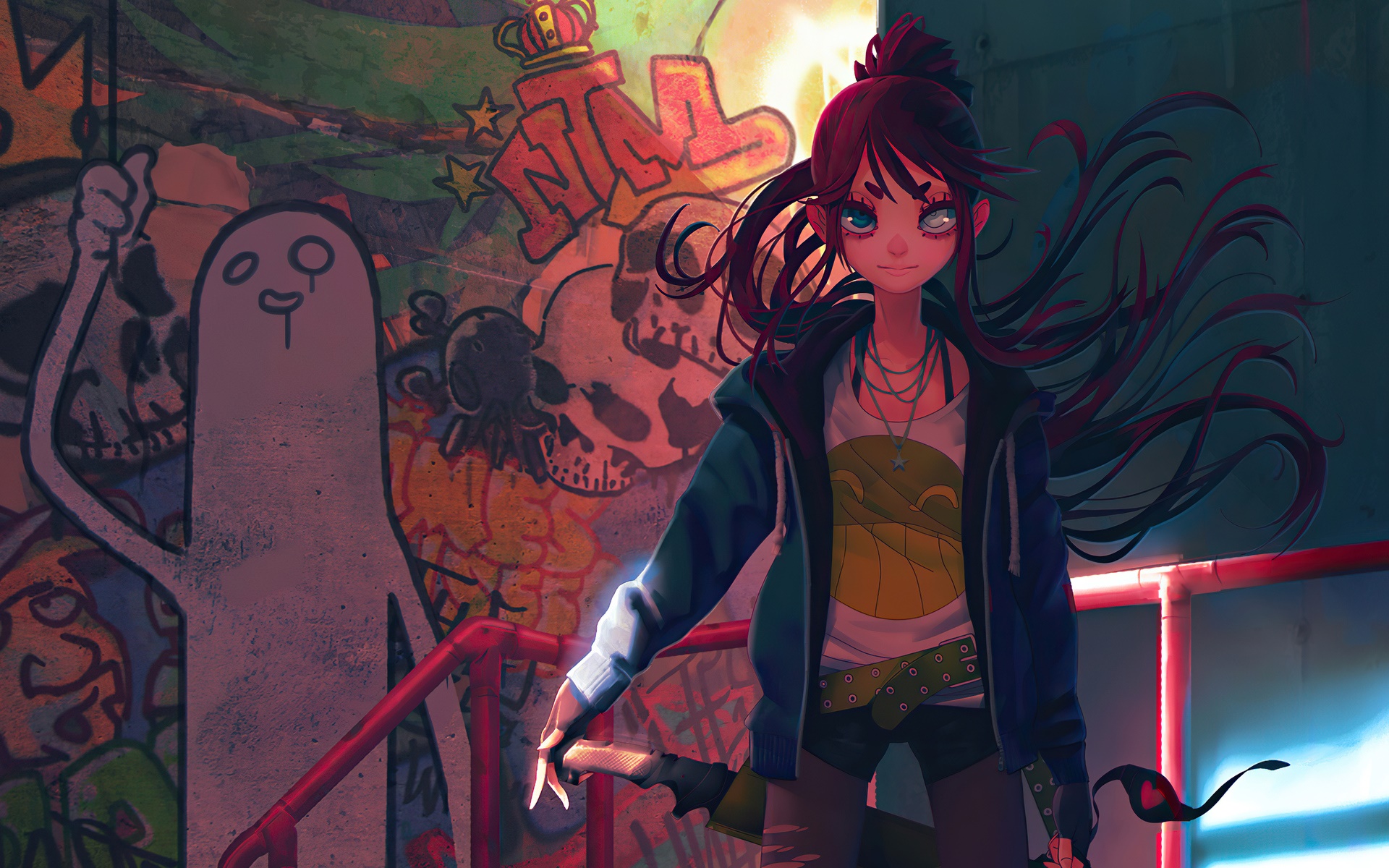 Anime girl with dark hair and blue eyes in front of graffiti HD Wallpaper