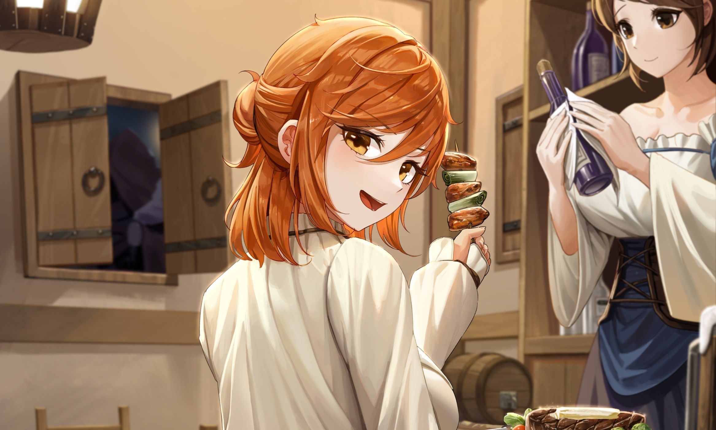 Anime girls in a tavern preparing food HD Wallpaper