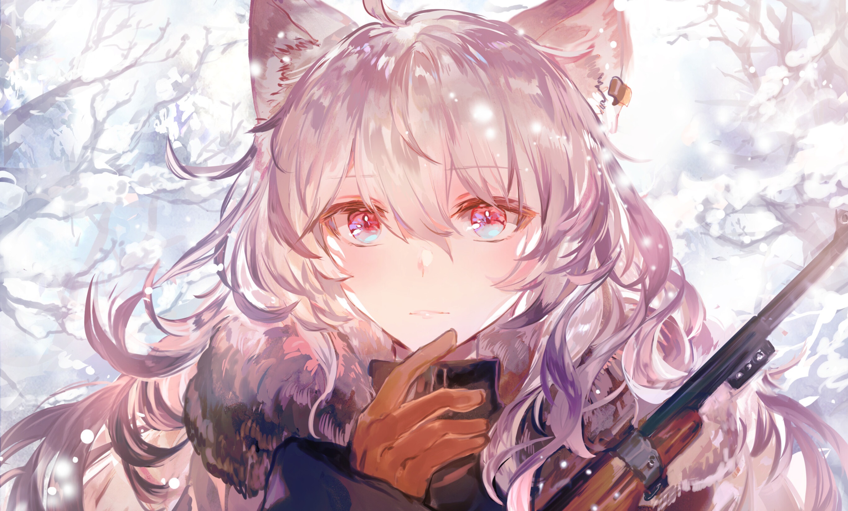 Anime girl with animal ears holding a rifle in the snow HD Wallpaper