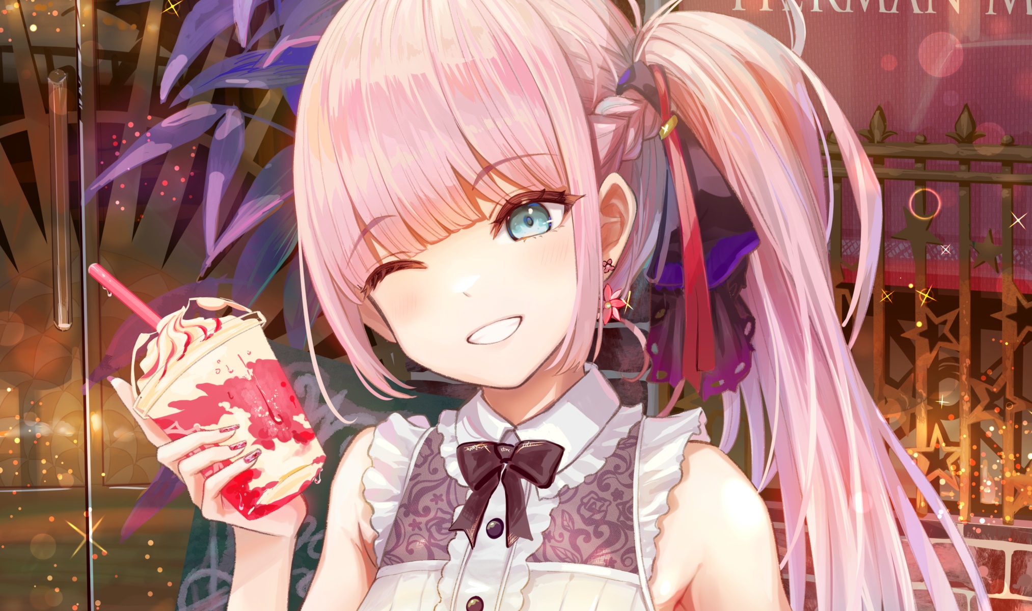 Anime girl with pink hair winks holding a milkshake HD Wallpaper