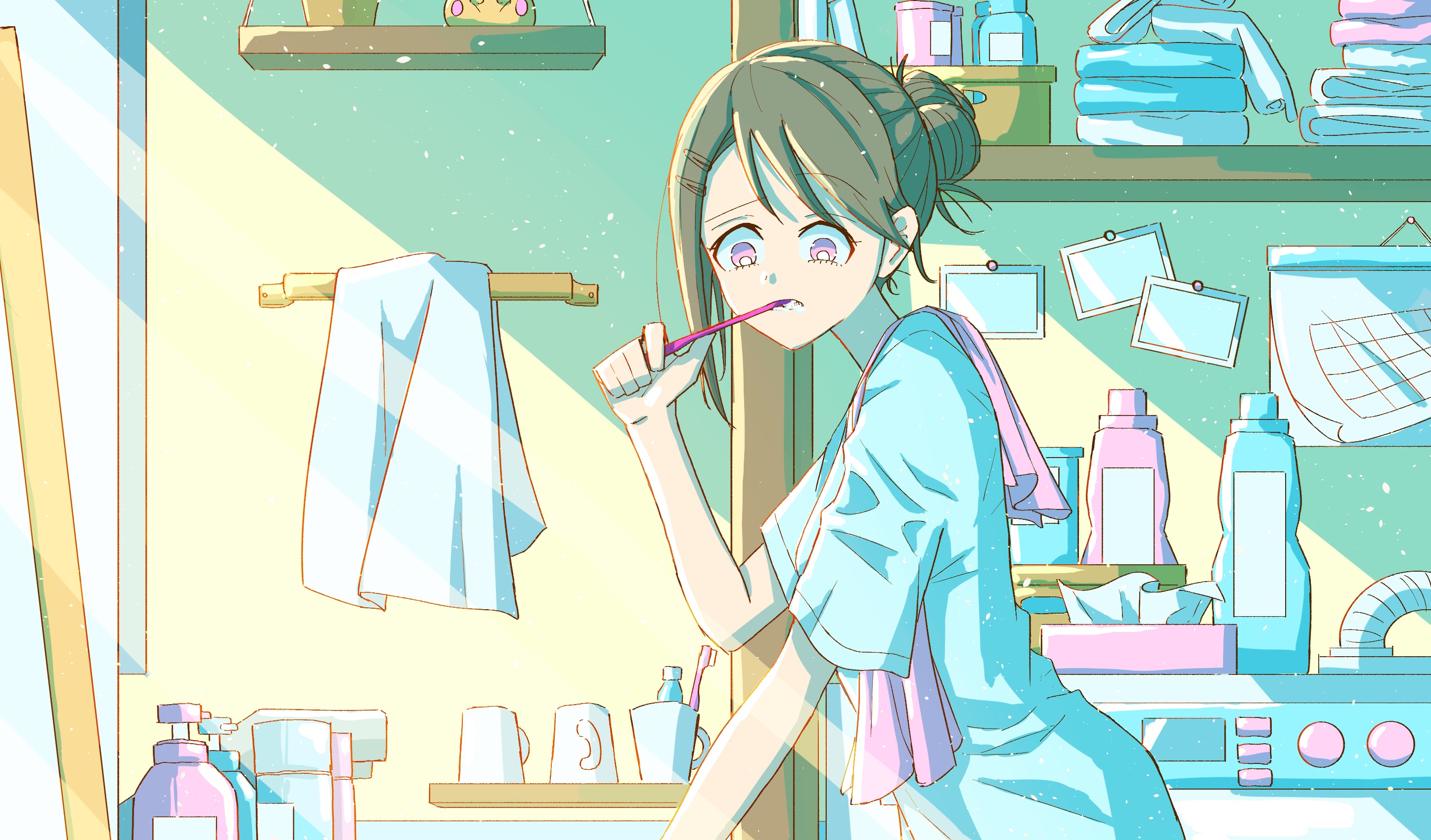 Girl brushing teeth in a bright bathroom HD Wallpaper