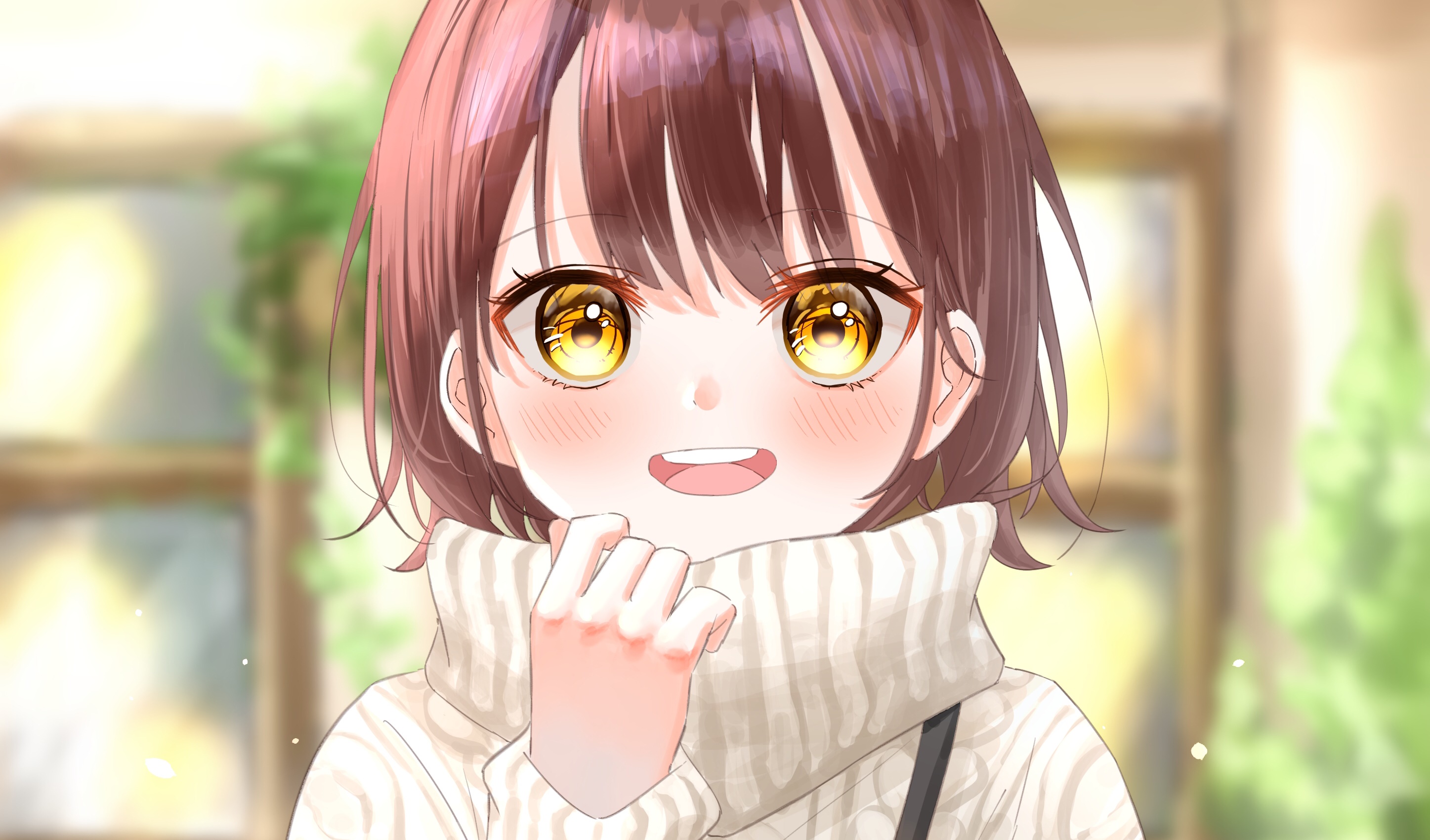 Anime girl with brown hair and yellow eyes HD Wallpaper