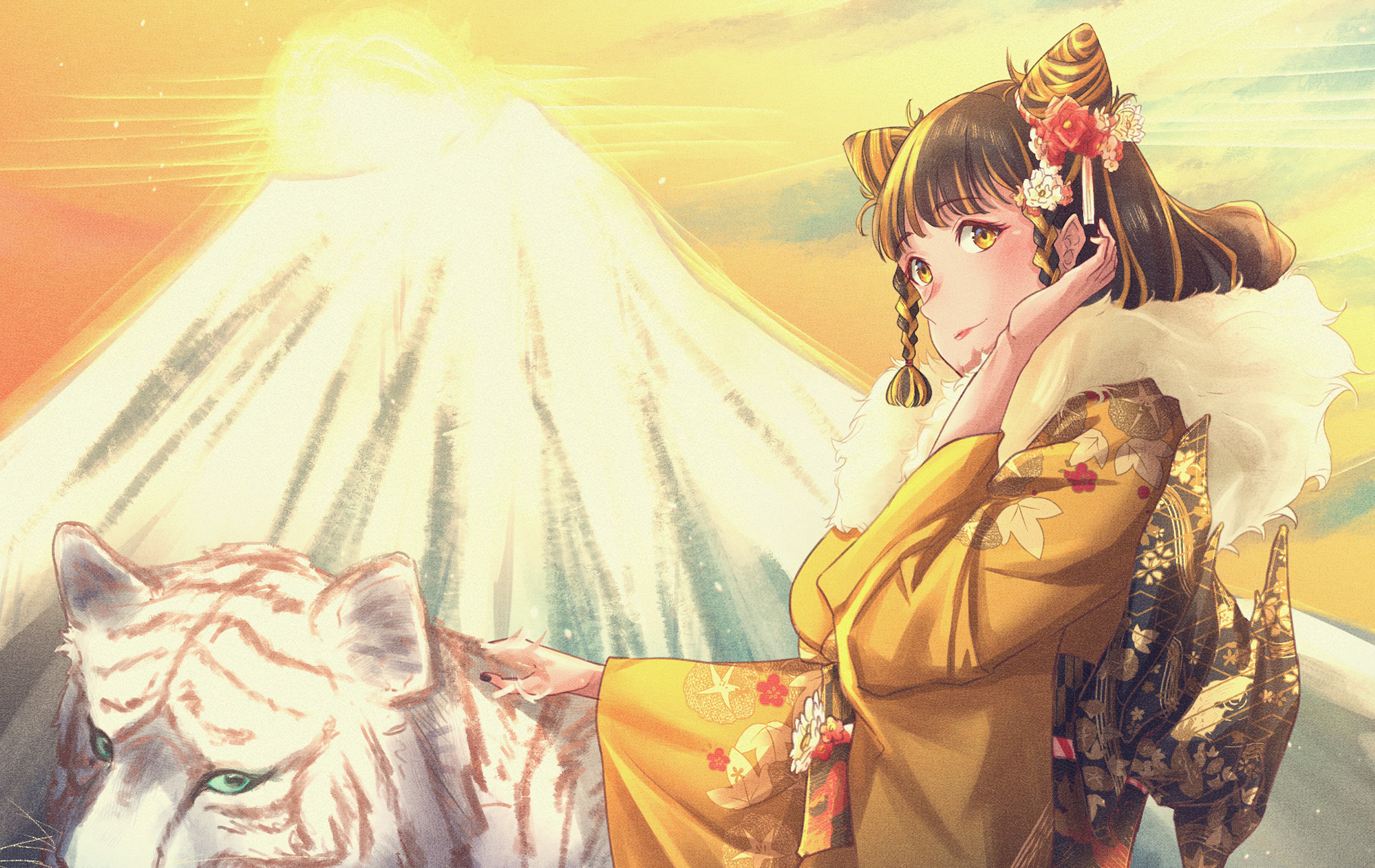 Girl with tiger ears and kimono with white tiger HD Wallpaper