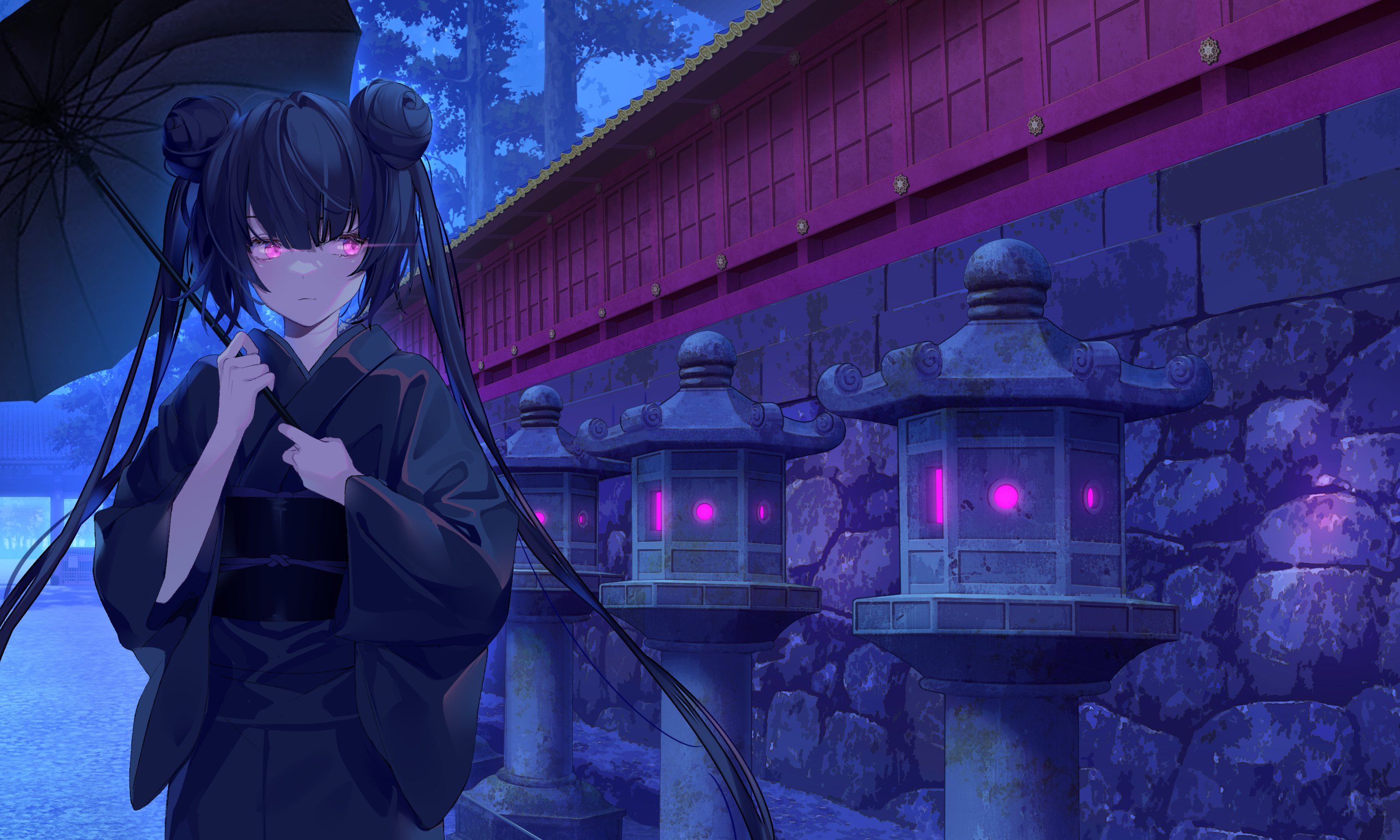 Girl in Kimono with Umbrella and Lanterns HD Wallpaper