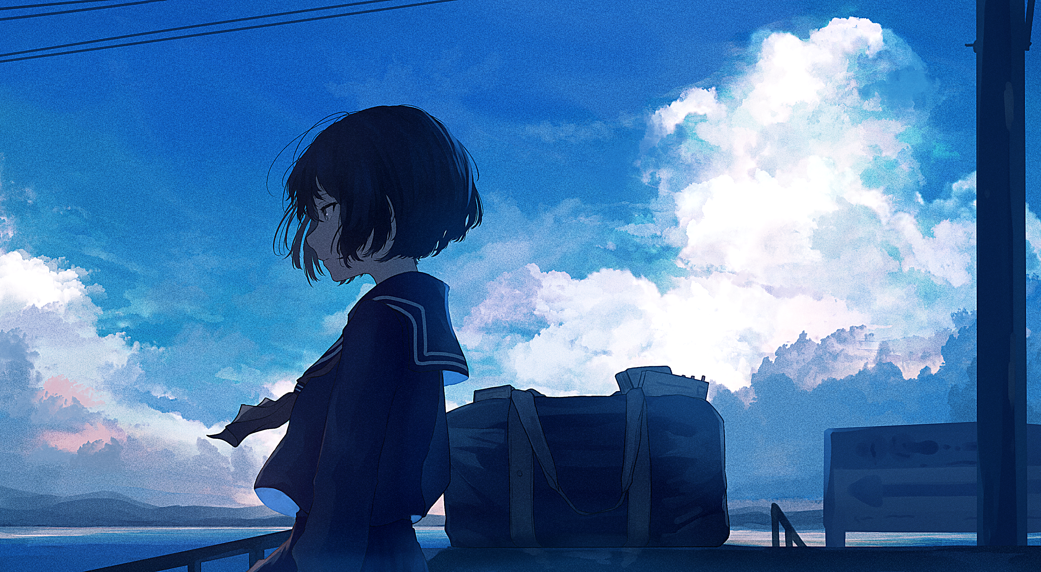 Girl with a duffel bag under a cloudy sky HD Wallpaper
