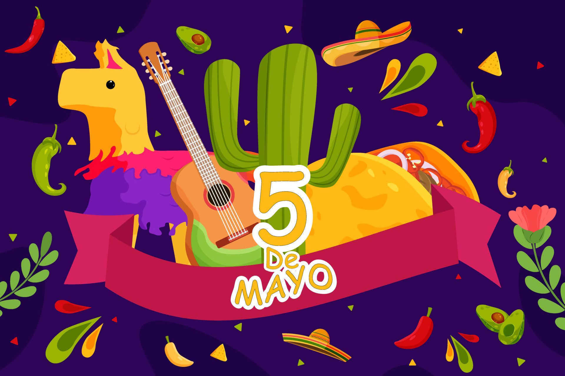 Cinco De Mayo Fiesta with Pinata, Guitar, and Taco HD Wallpaper
