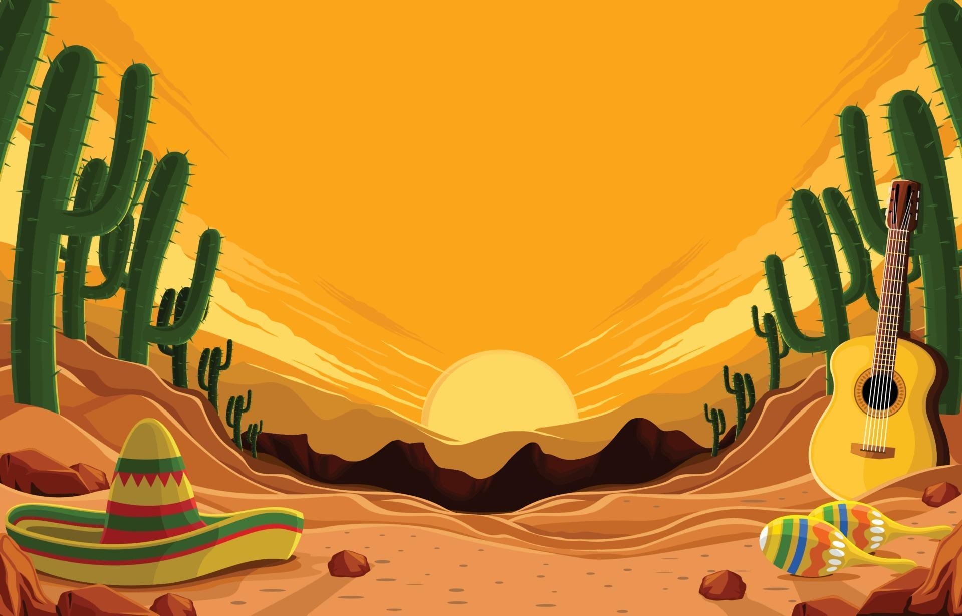 Cinco de Mayo desert sunset with sombrero and guitar HD Wallpaper