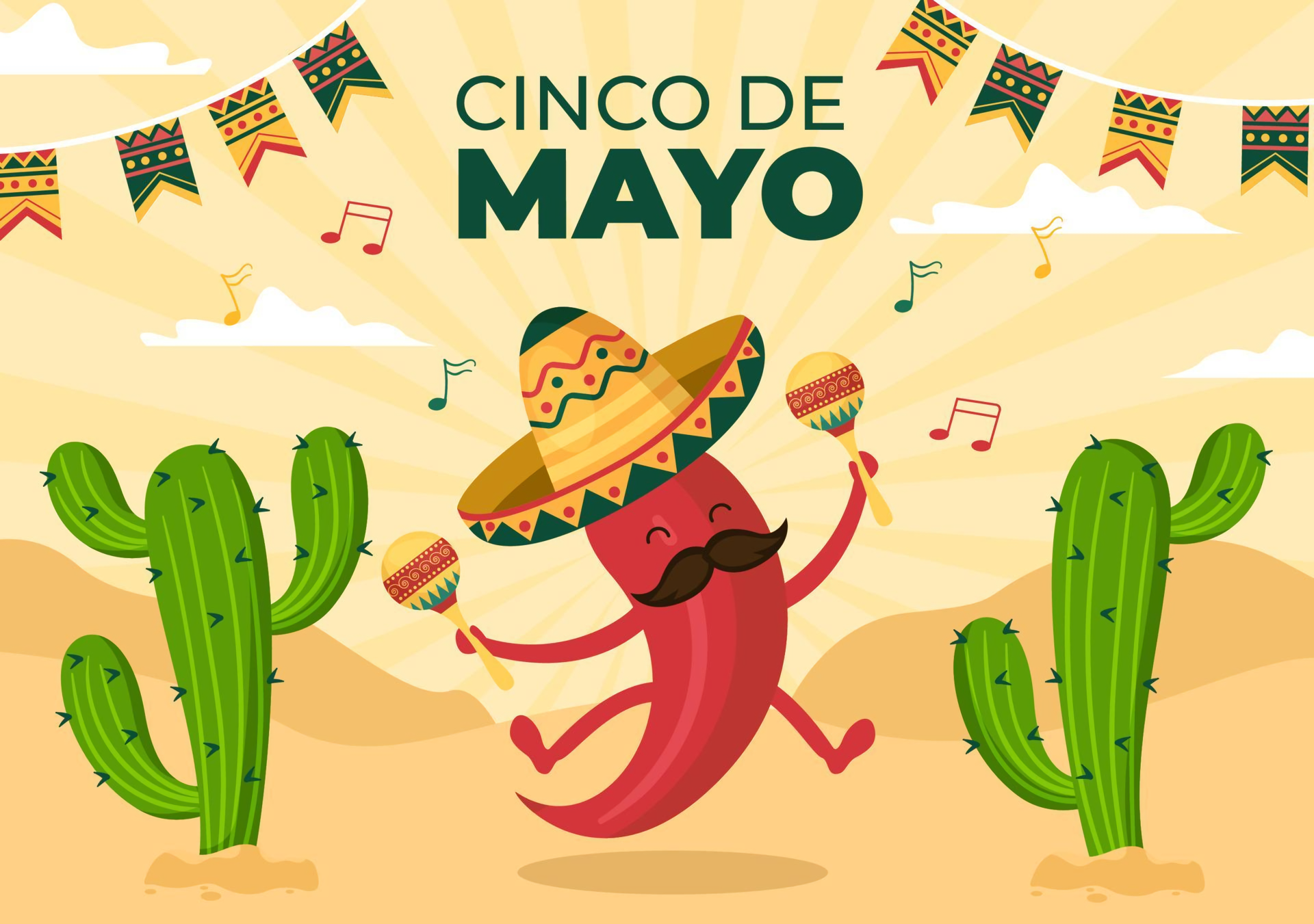 Cinco de Mayo celebration with chili pepper and cacti HD Wallpaper