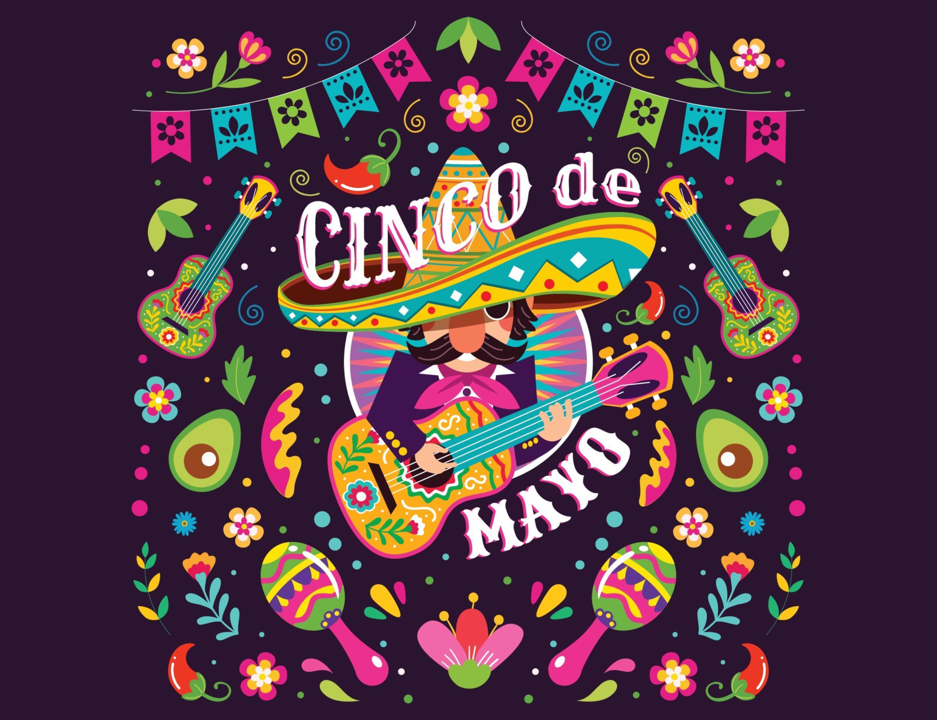Cinco de Mayo illustration with mariachi and guitar HD Wallpaper