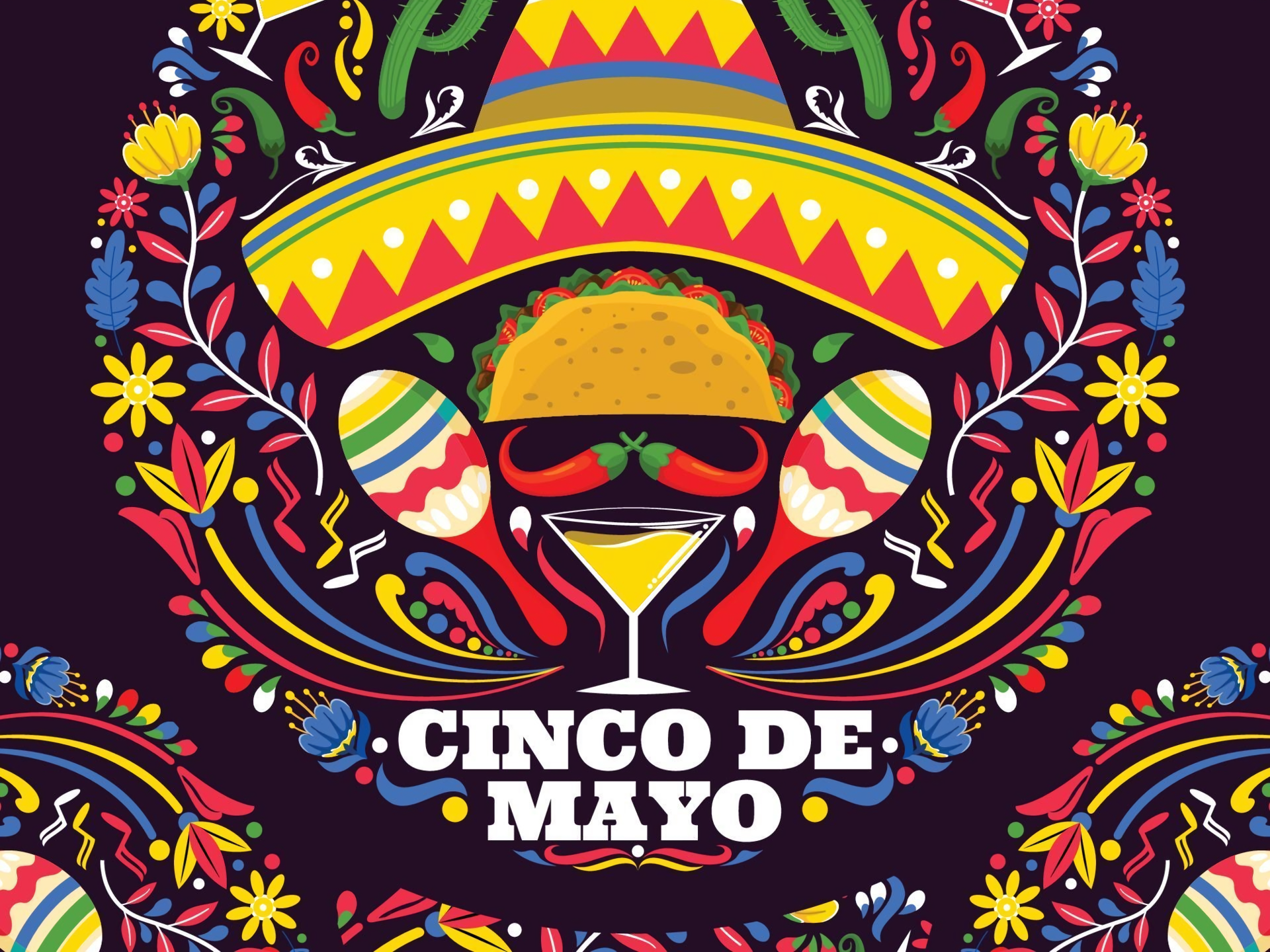 Cinco de Mayo celebration with sombrero, taco, and maracas HD Wallpaper