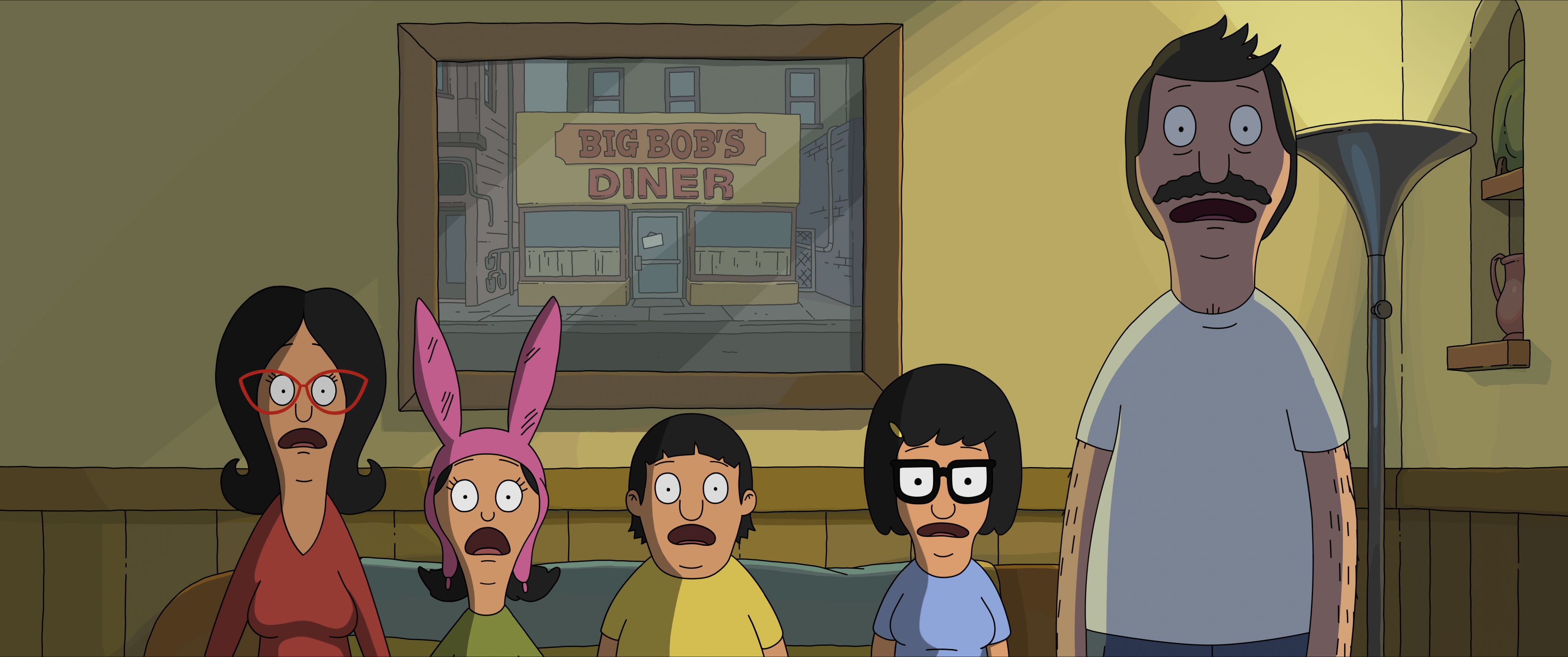 The Belcher family in front of Big Bob's Diner HD Wallpaper