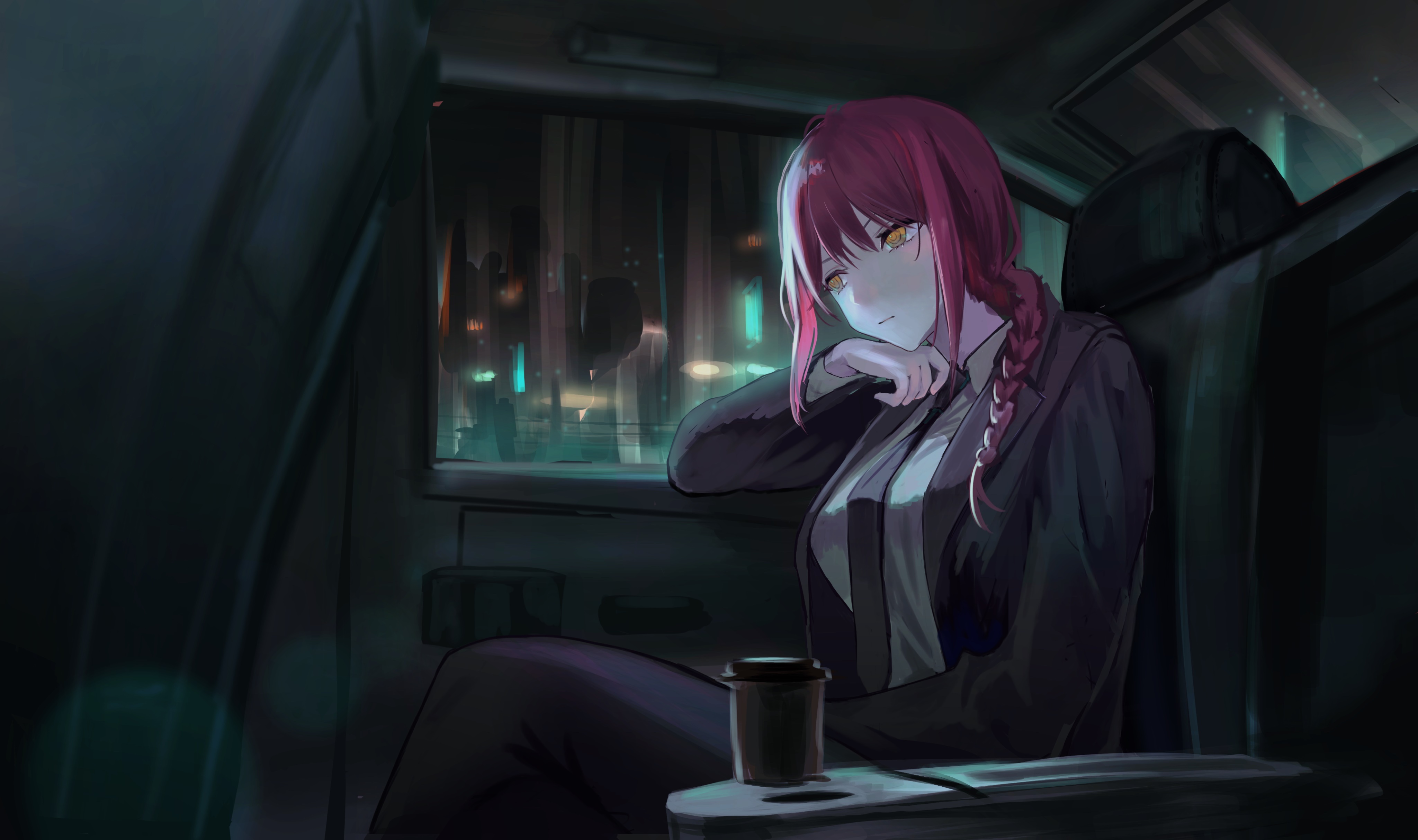 Makima from Chainsaw Man in a car at night HD Wallpaper