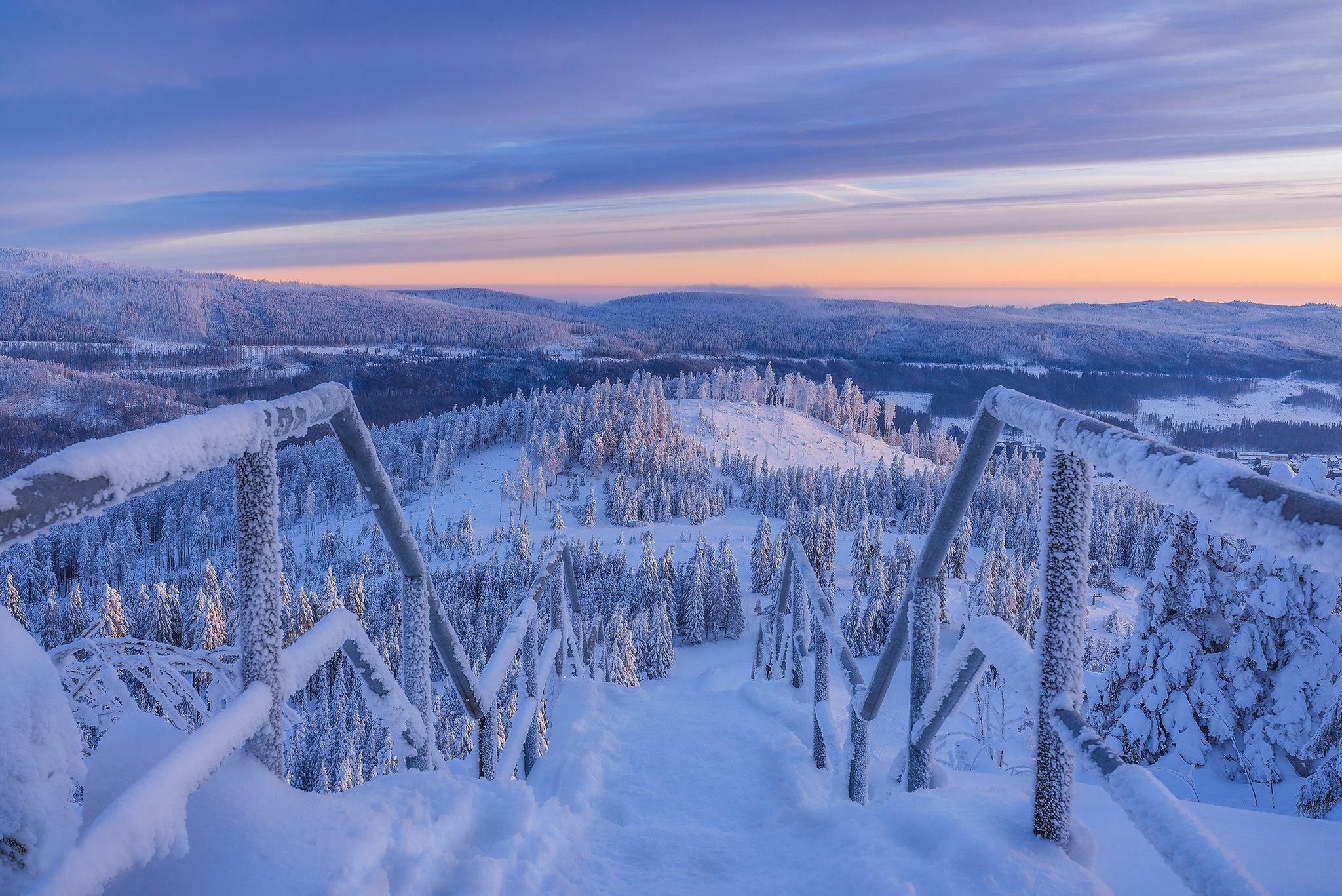 Winter landscape with snow-covered trees at sunrise HD Wallpaper