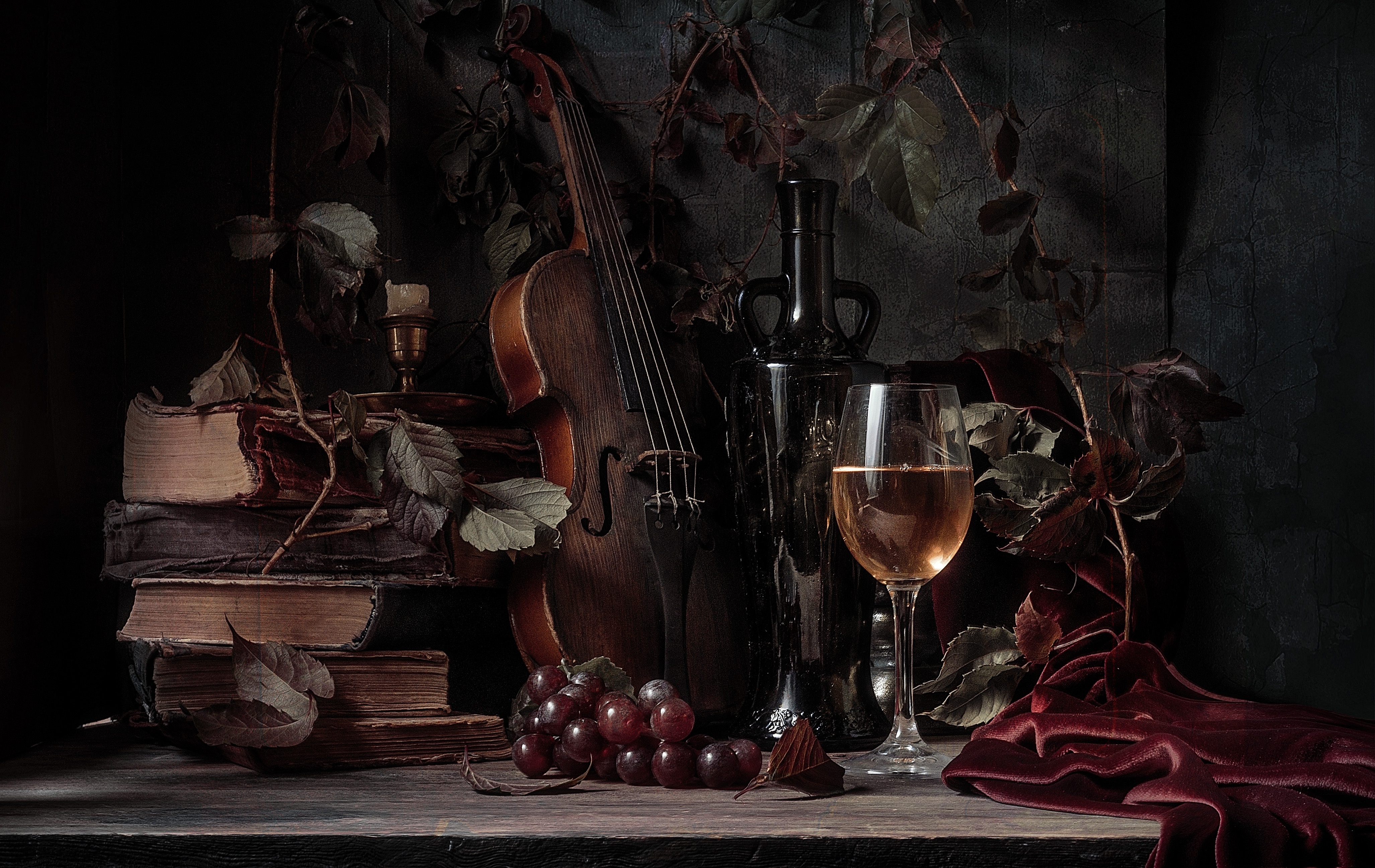 Still life photography with violin, books, and wine HD Wallpaper