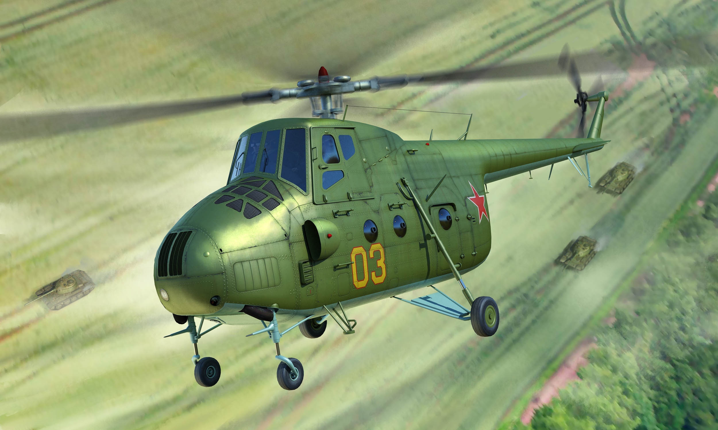Mil Mi-4 helicopter with tanks in flight HD Wallpaper