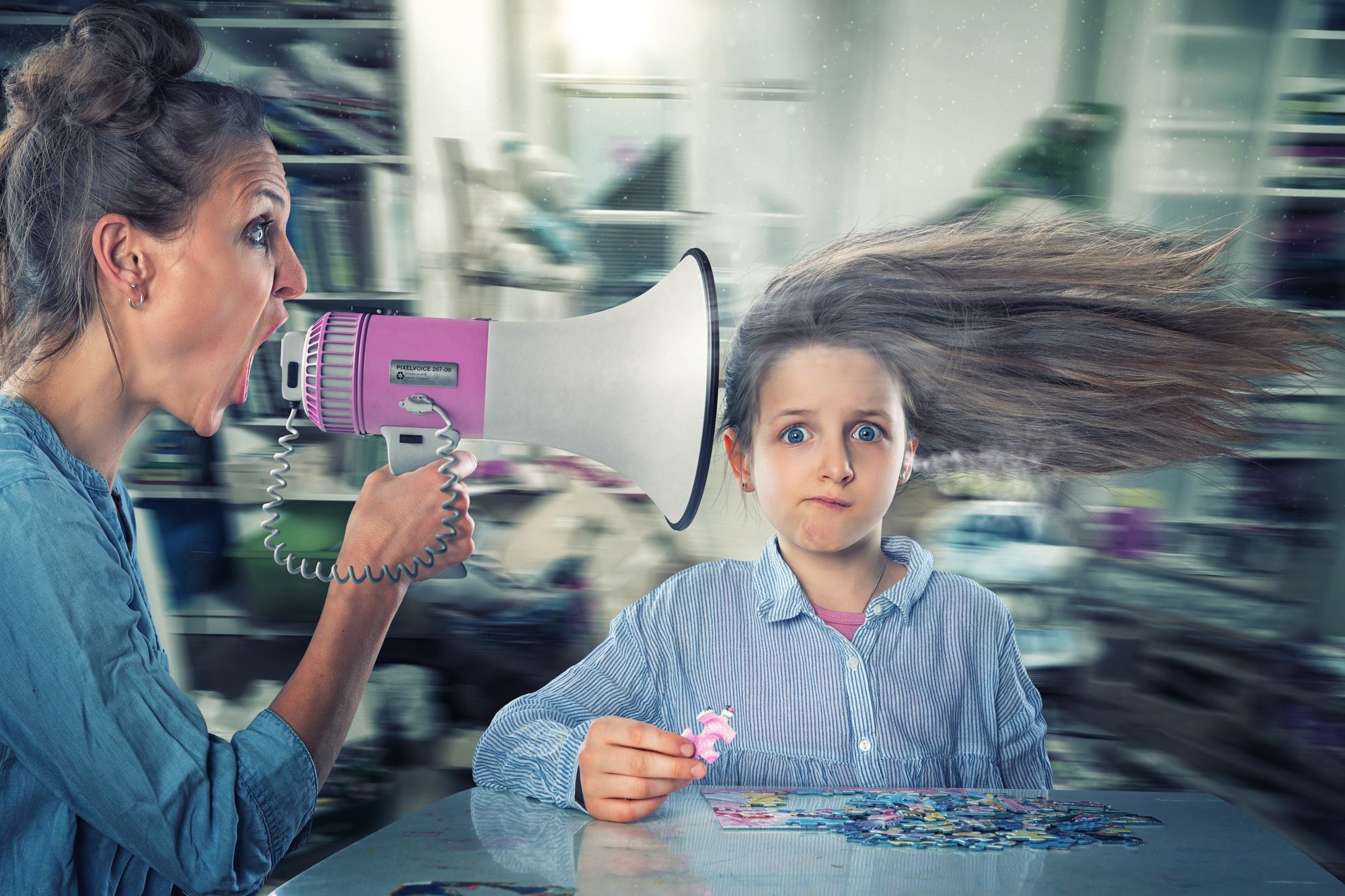 Mother yelling at daughter with megaphone HD Wallpaper