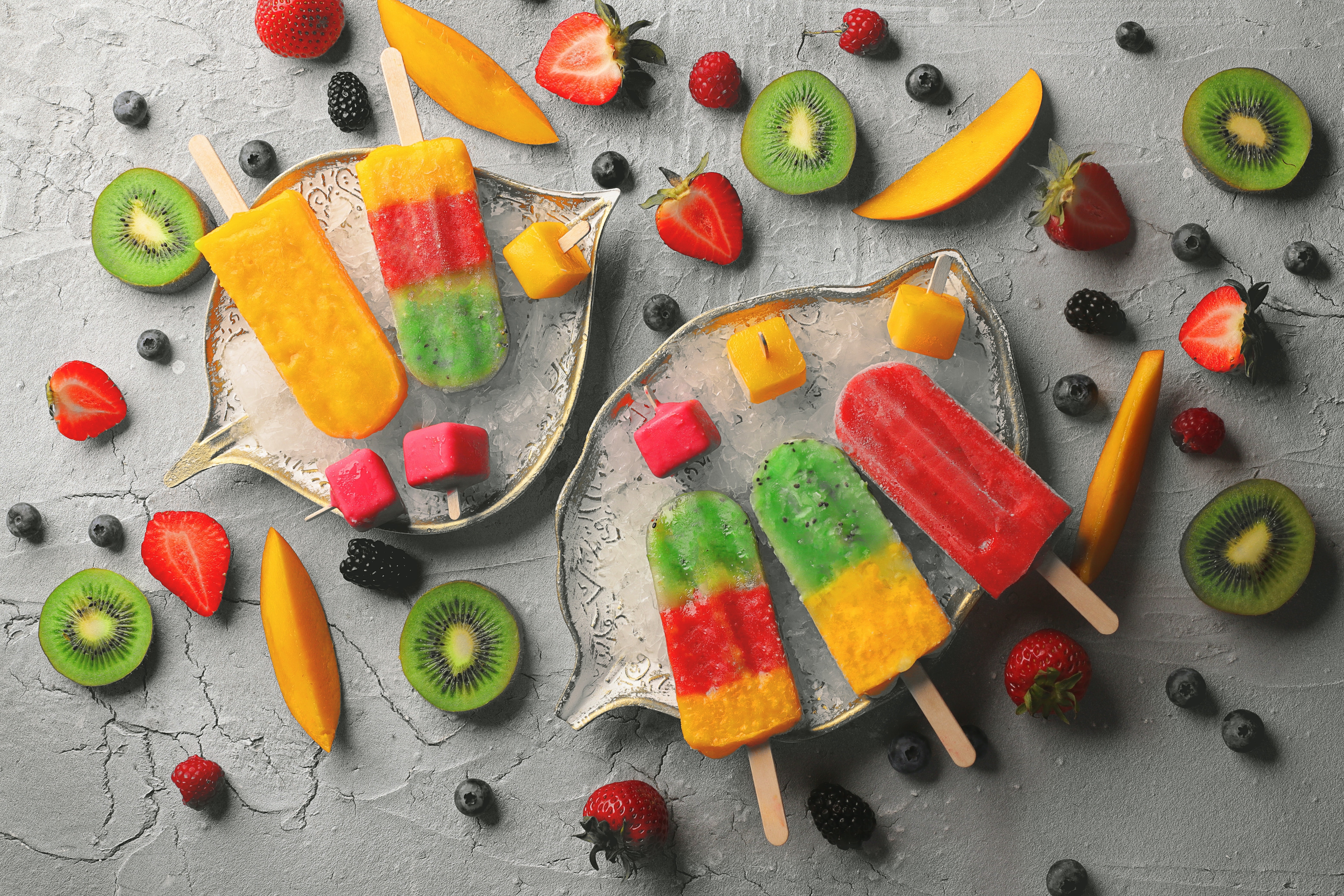 Colorful Fruit Popsicles and Berries HD Wallpaper
