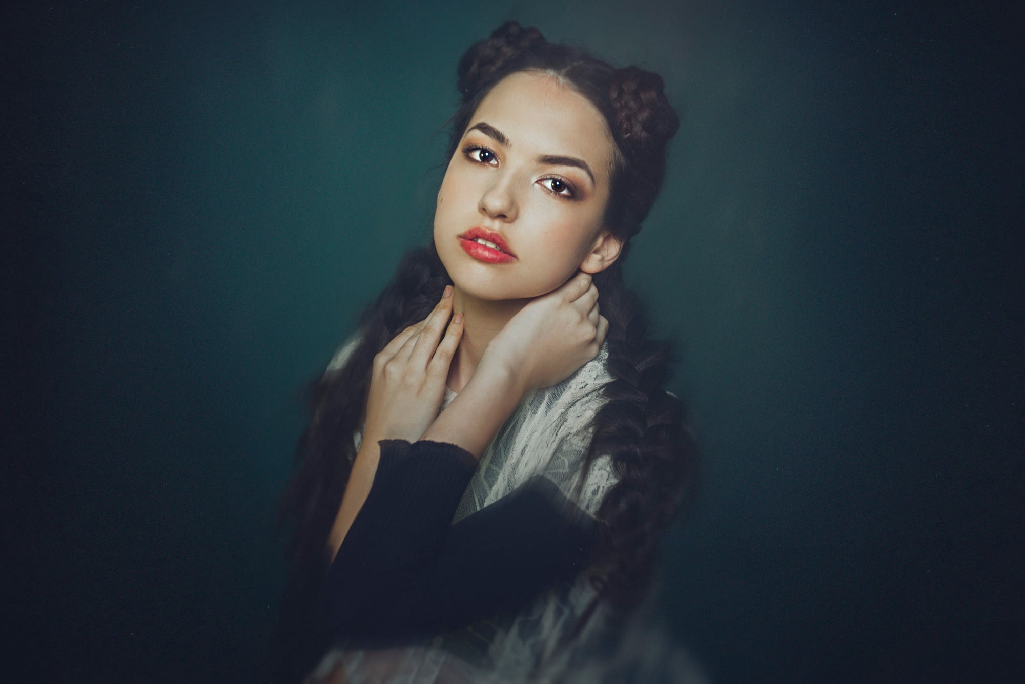 Young woman with braided buns and red lipstick HD Wallpaper