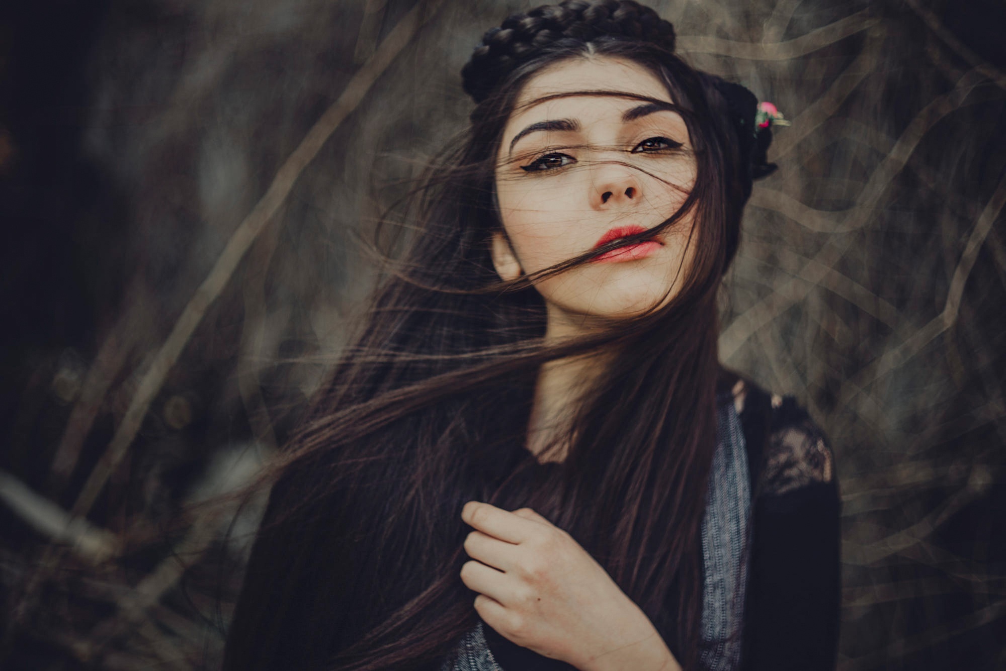 Woman with braided hair and red lipstick HD Wallpaper