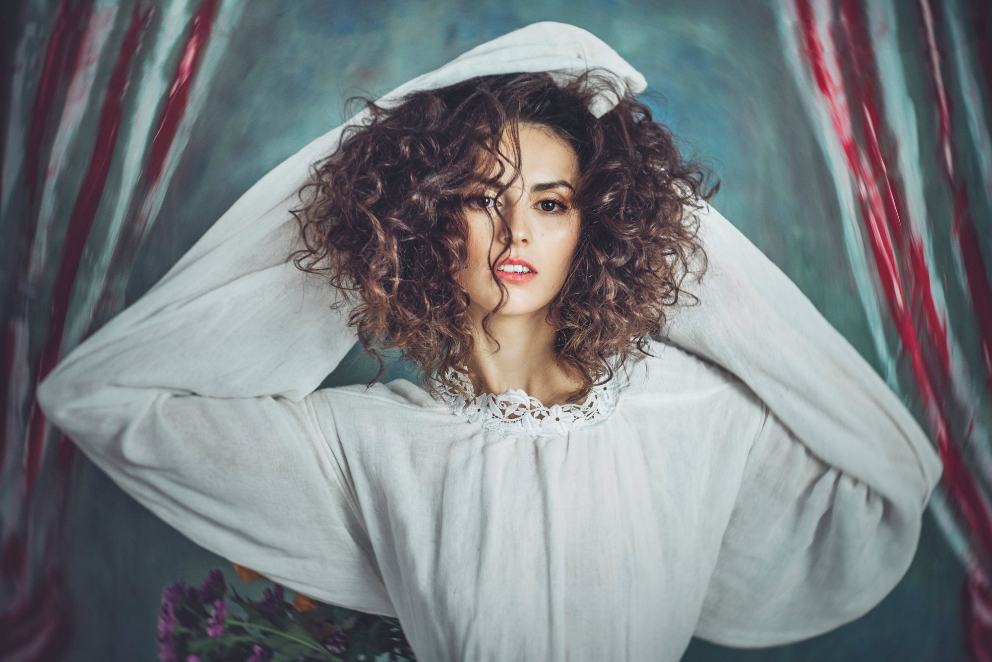 Woman with curly hair in a white dress HD Wallpaper