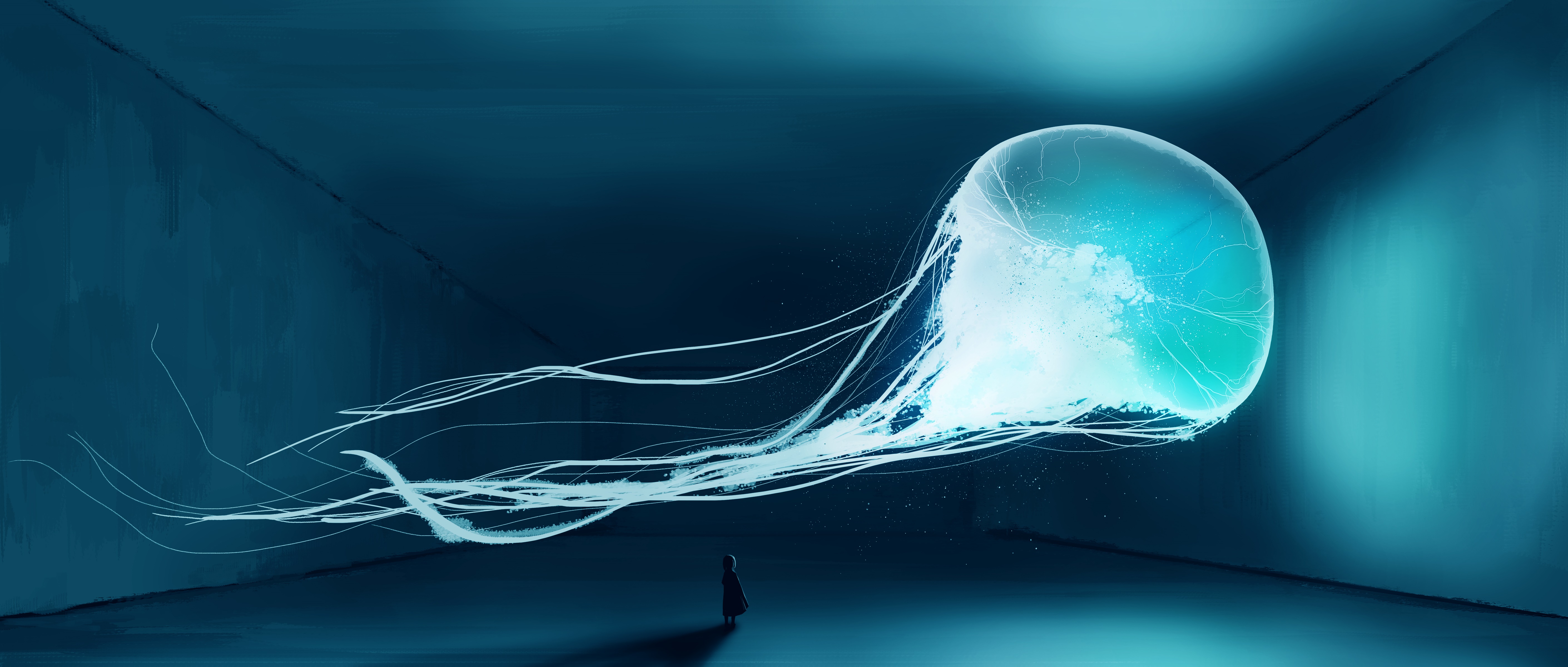Jellyfish in a dark room with a person HD Wallpaper
