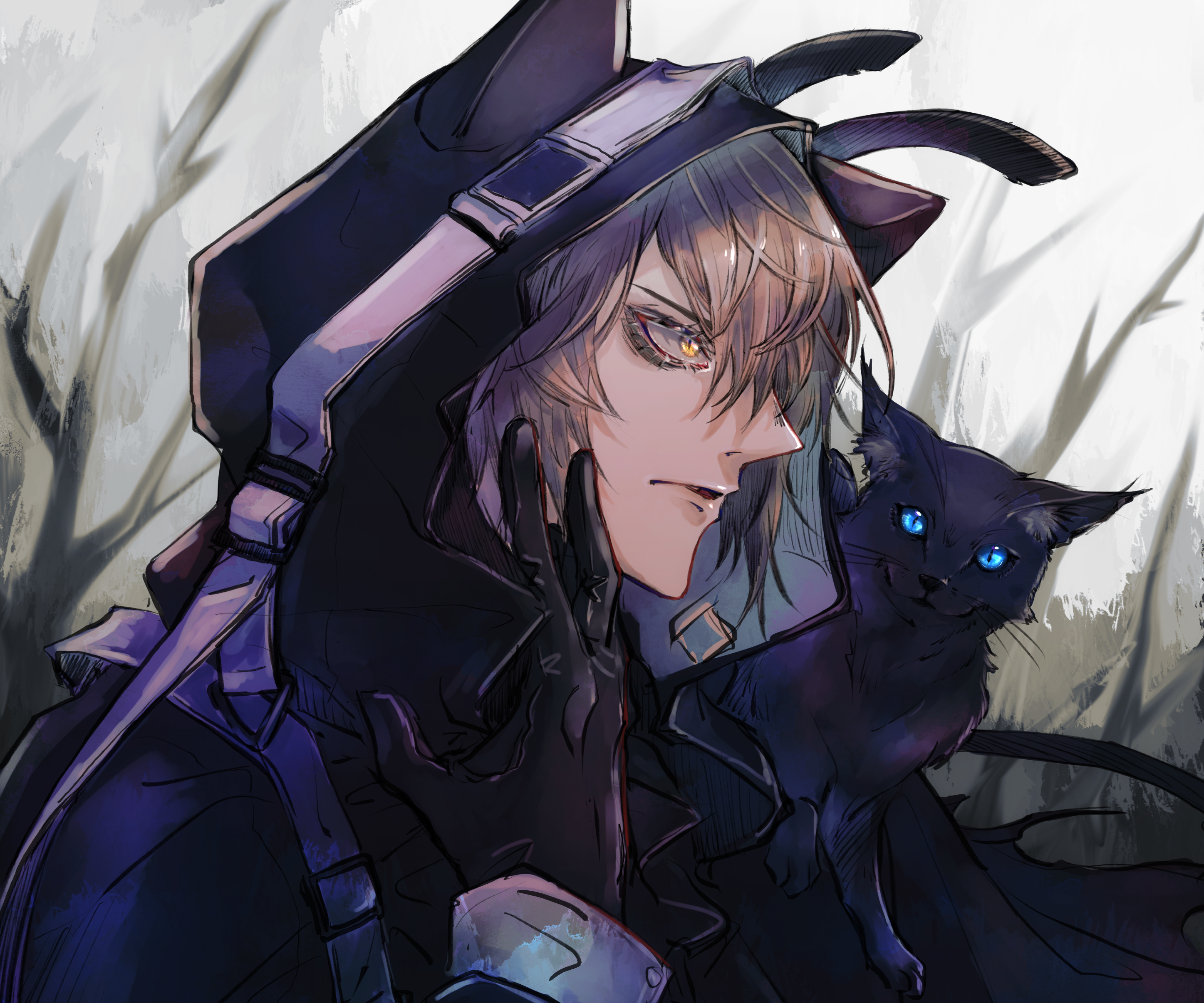Phantom from Arknights with a black cat HD Wallpaper