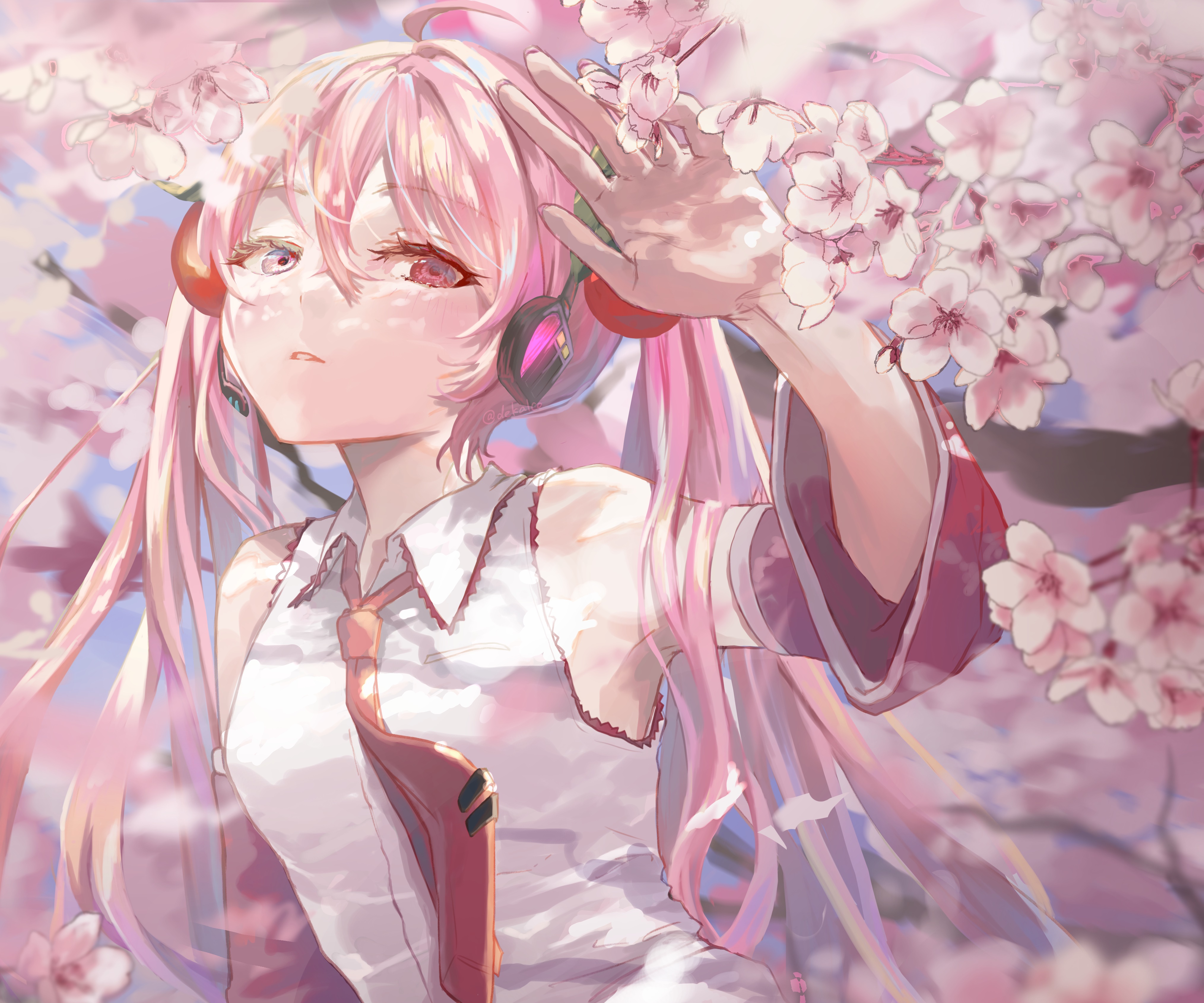 Hatsune Miku from Vocaloid surrounded by cherry blossoms HD Wallpaper