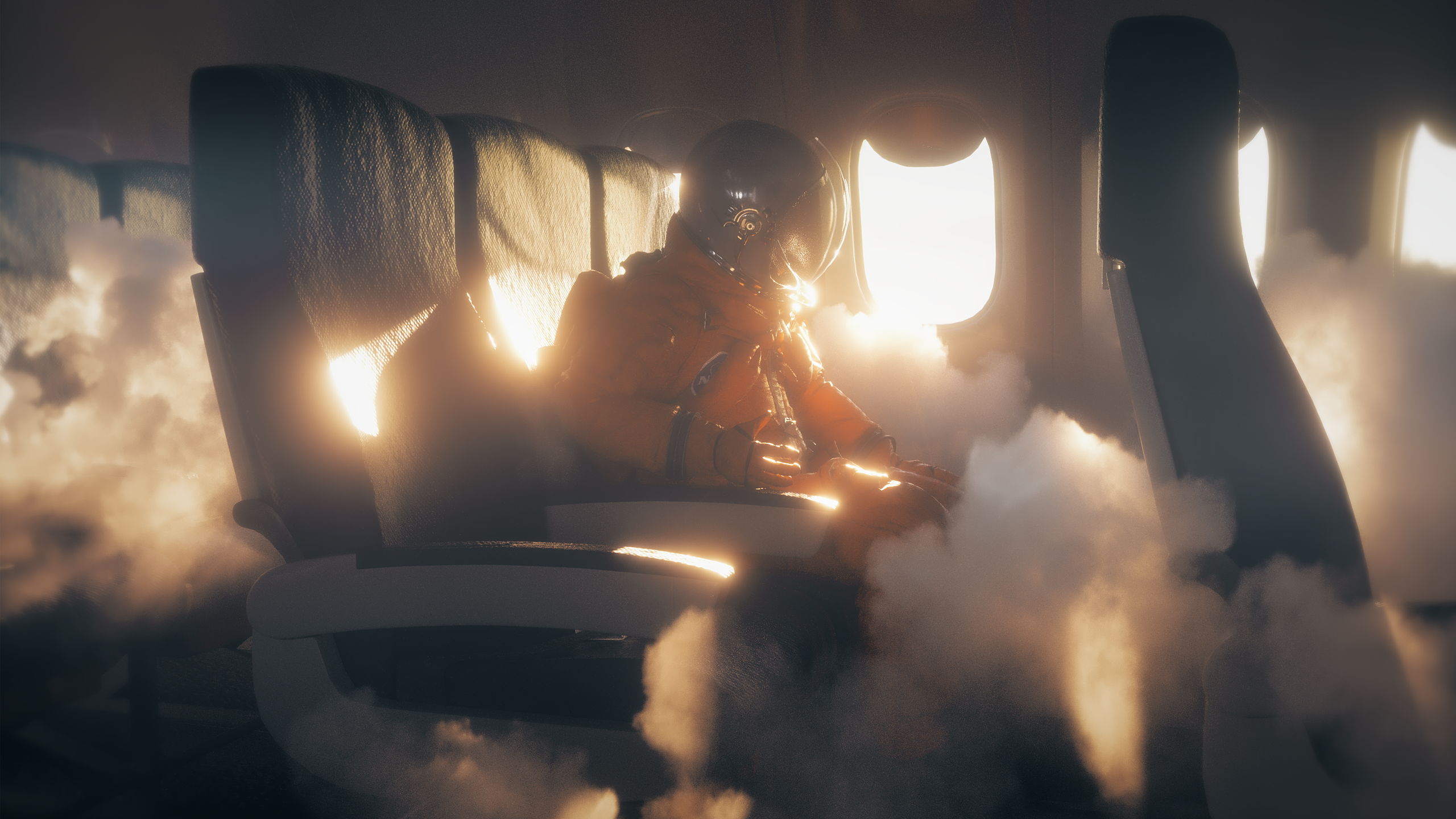 Astronaut in an airplane cabin with smoke HD Wallpaper