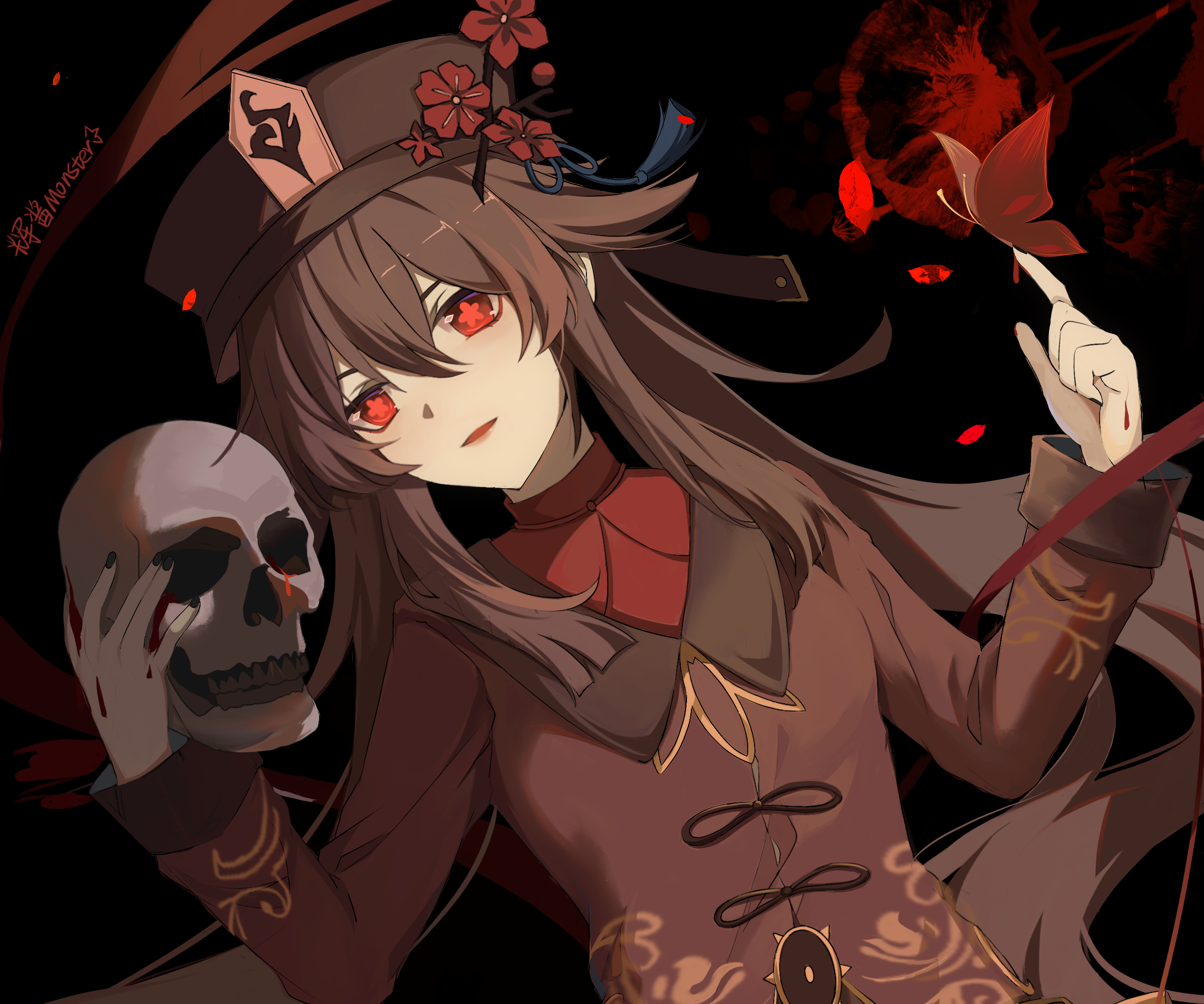 Hu Tao from Genshin Impact holding a skull HD Wallpaper
